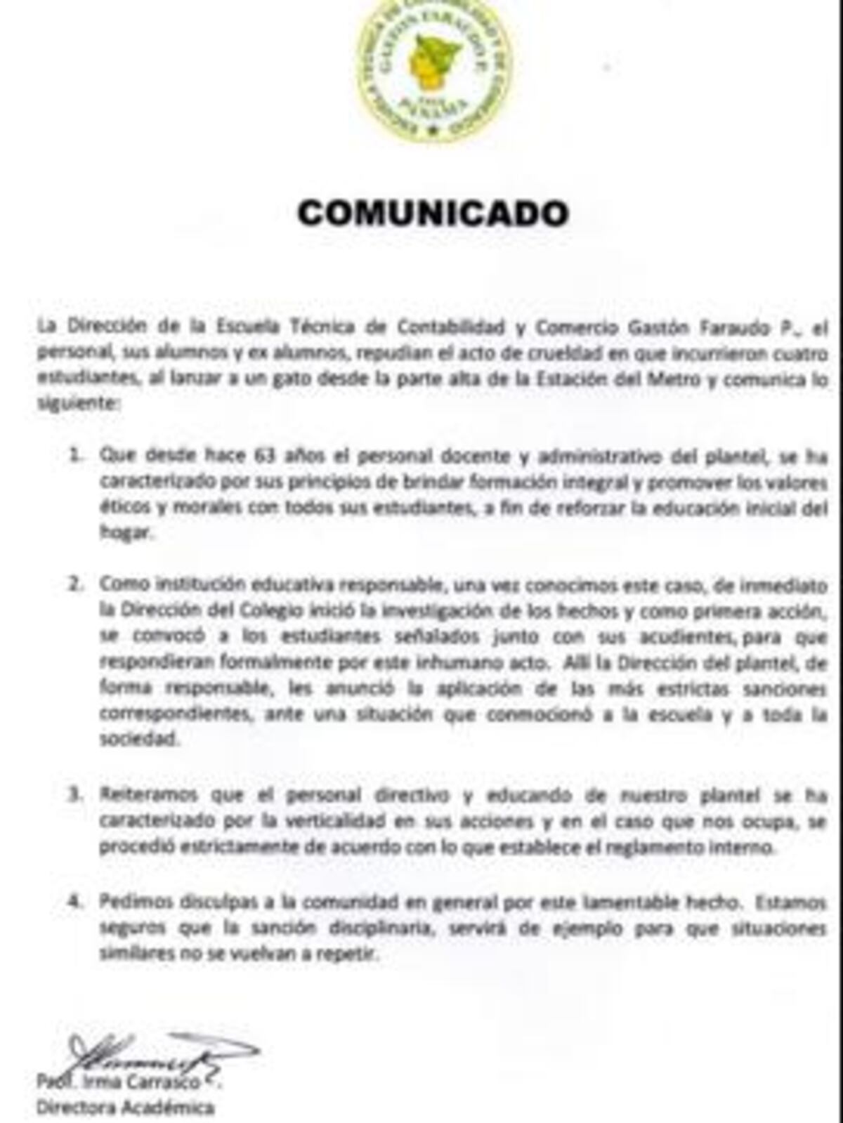 Se pronuncia el Colegio Gastón Faraudo por los hechos incurridos en el Metro 