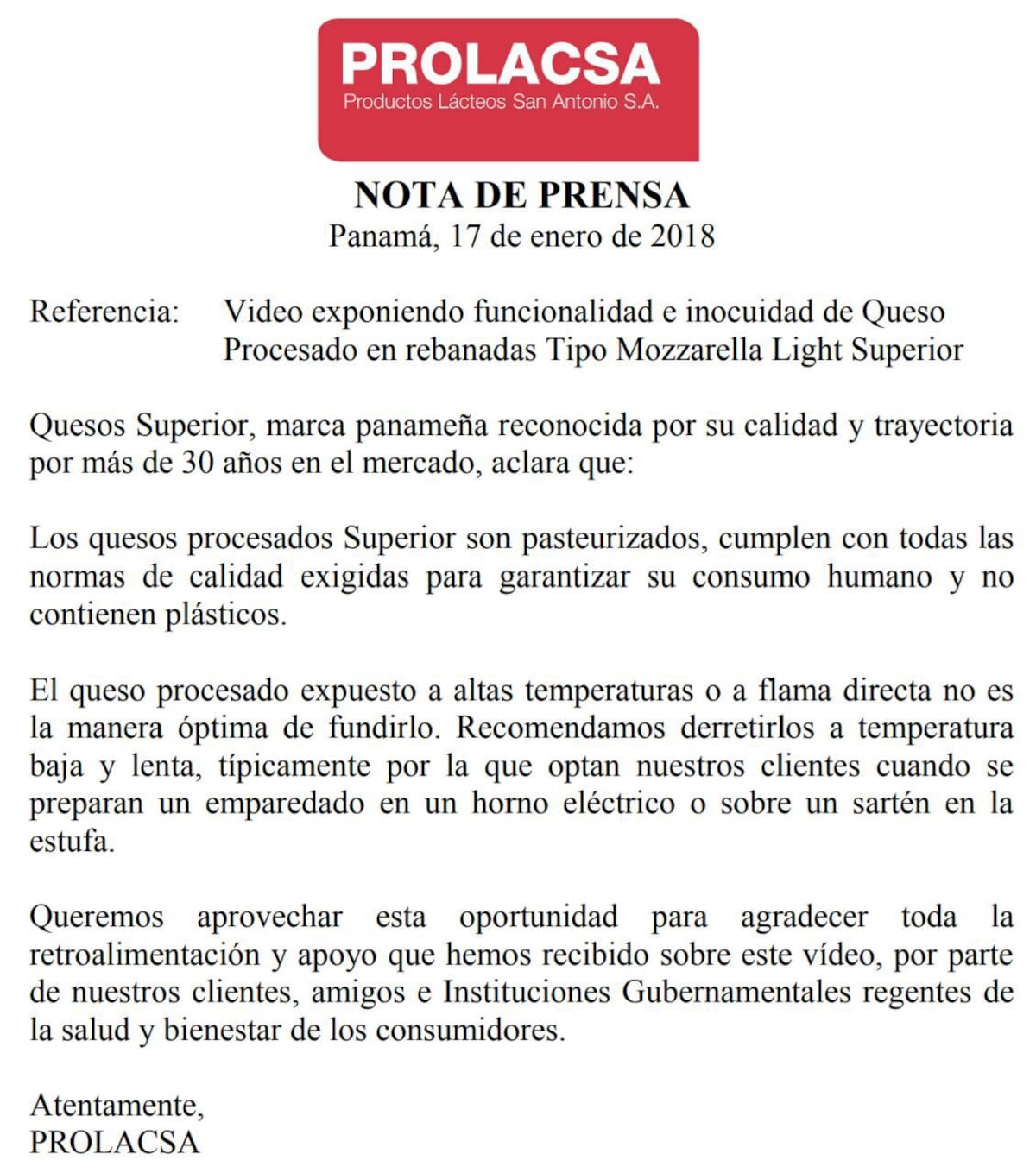 Empresa productora de Queso Superior se expresa sobre video 
