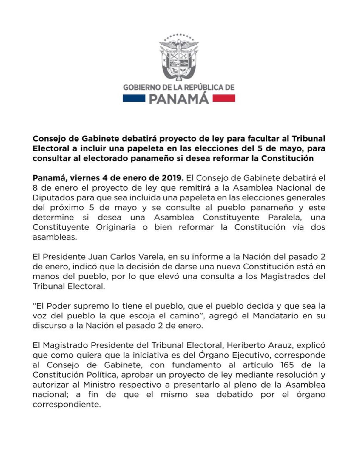 Gabinete incluirá discusión de proyecto de ley para incluir quinta papeleta