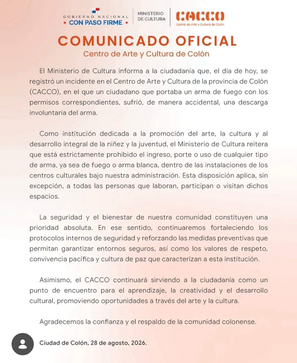 El arma se disparó cuando iba a sentarse a recibir curso de inglés: hombre termina herido en centro cultural de Colón