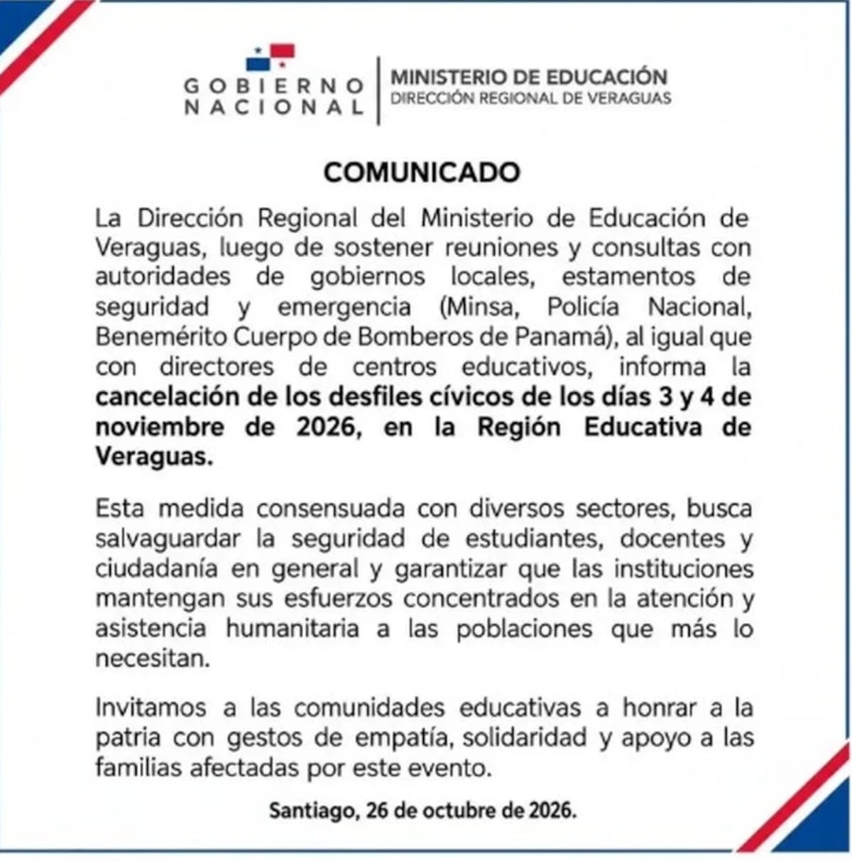 Desfiles: Los Santos, Herrera, Veraguas y Coclé cancelan festividades del 3 y 4 de noviembre