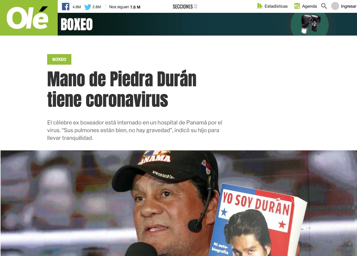 Medios internacionales reportan el contagio de Roberto Durán +Galería