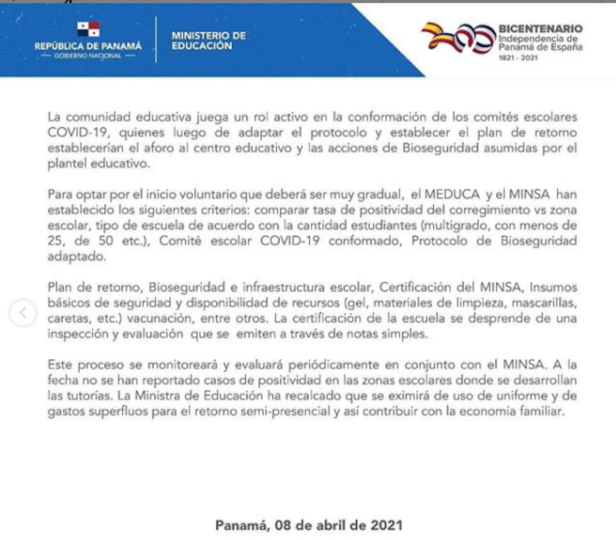 Hay un cambio. Meduca confirma que clases semipresenciales no inician este lunes 12 de abril