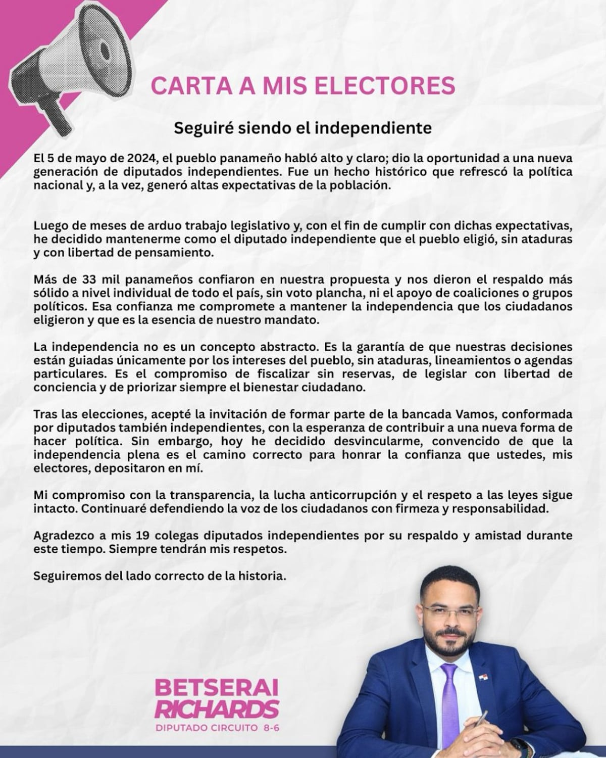 Diputado Betserai Richards le dice ‘chao’ a Vamos 