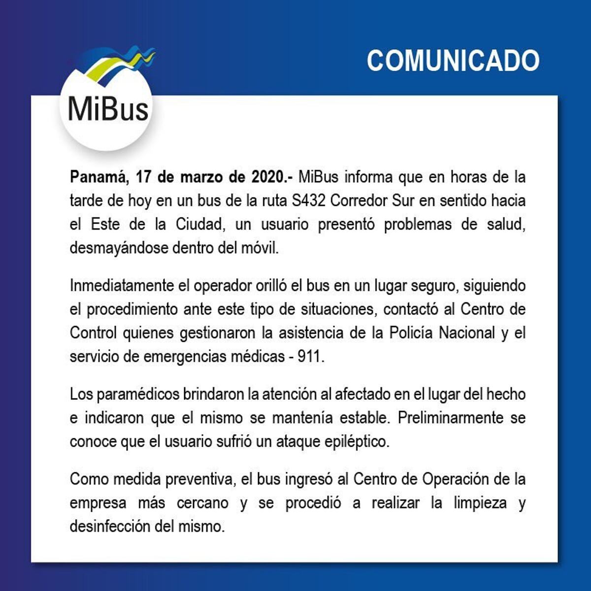 Como prevención, Mi Bus desinfecta bus luego de que usuario se desmayara por problemas de salud