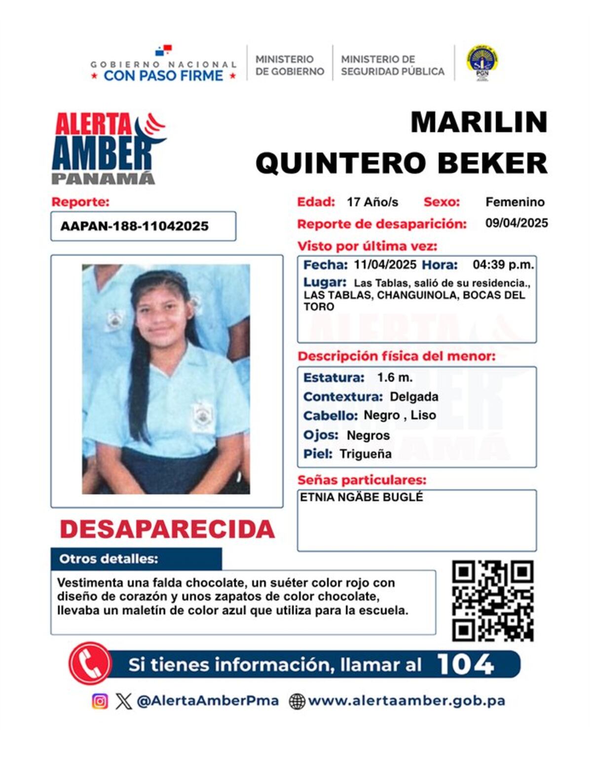 Alerta Amber activada por la desaparición de Marilin Quintero Beker en Bocas del Toro