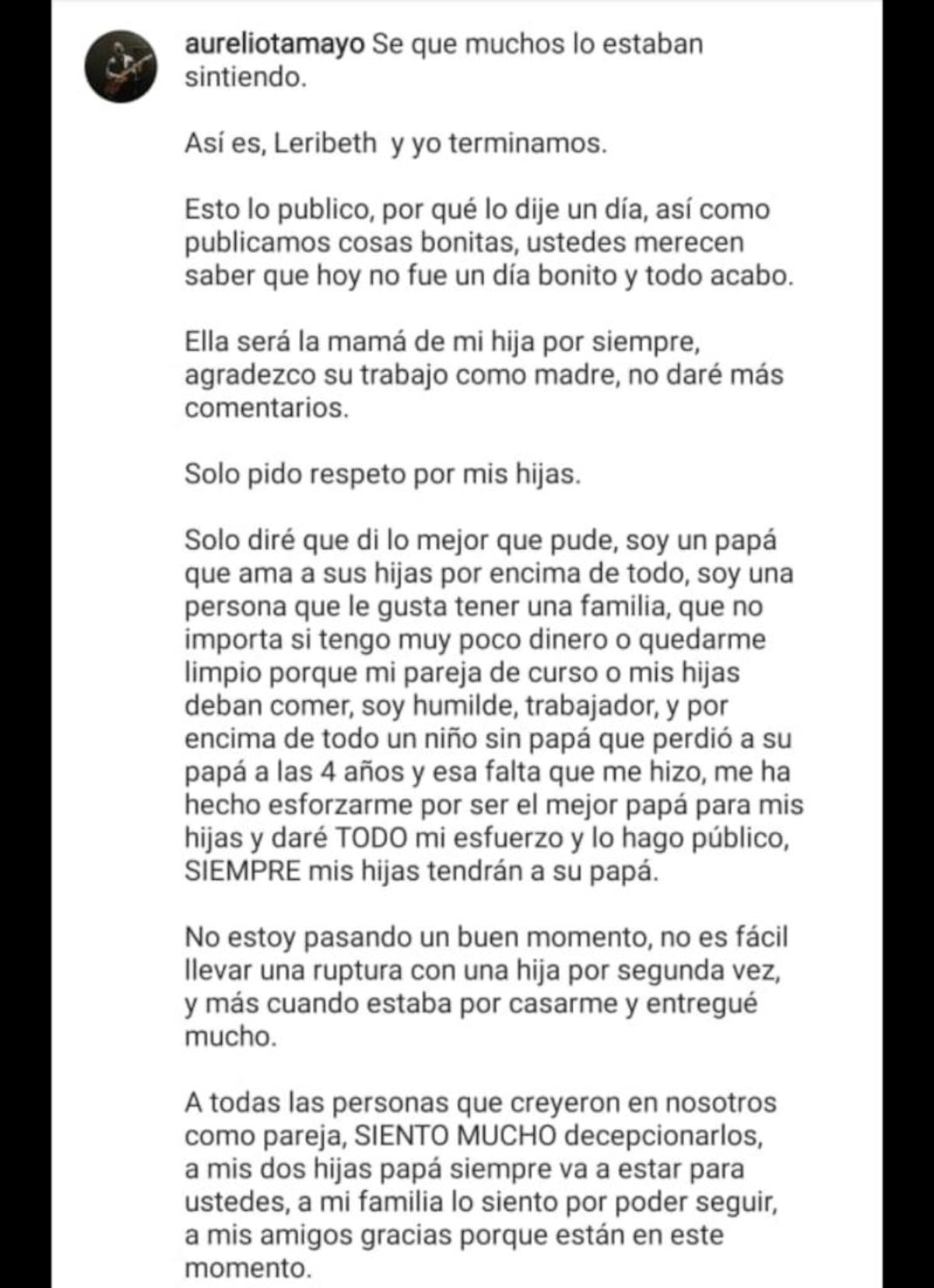 Doloroso. Aurelio Tamayo tiene una ruptura amorosa con una hija de por medio por segunda vez