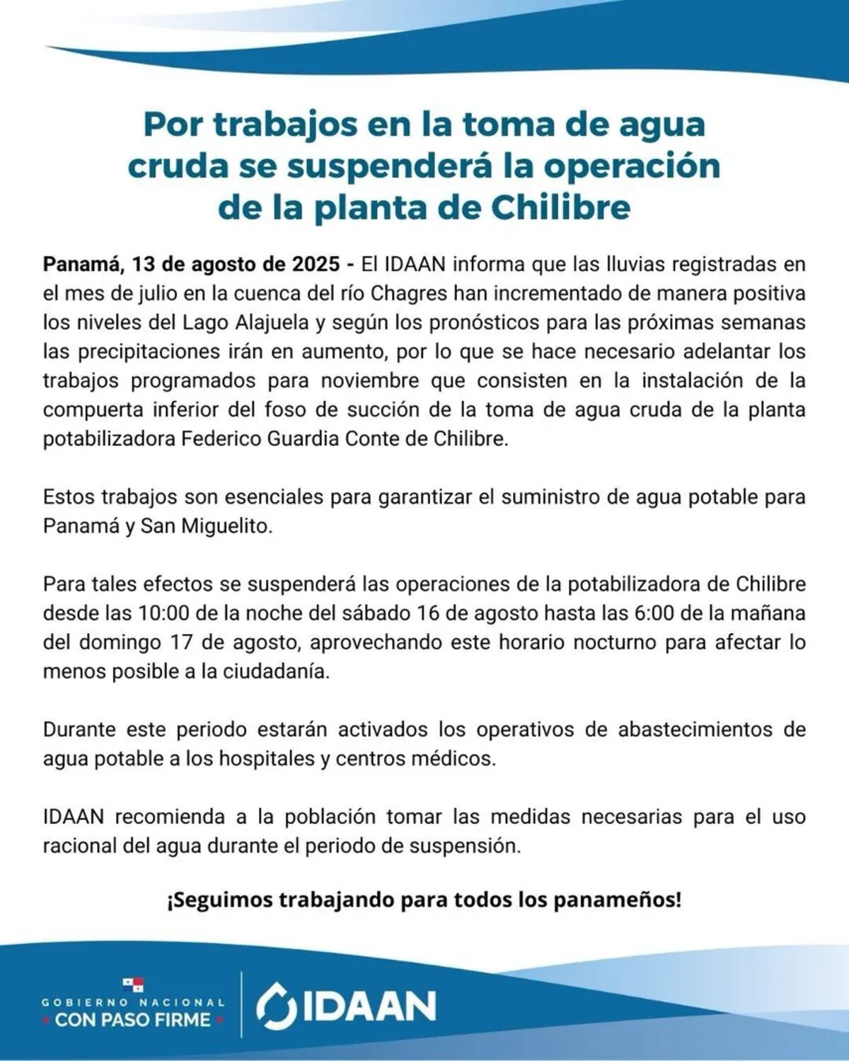 ¡Prepáre sus tanques! Chilibre cierra y medio Panamá se queda sin agua este fin de semana