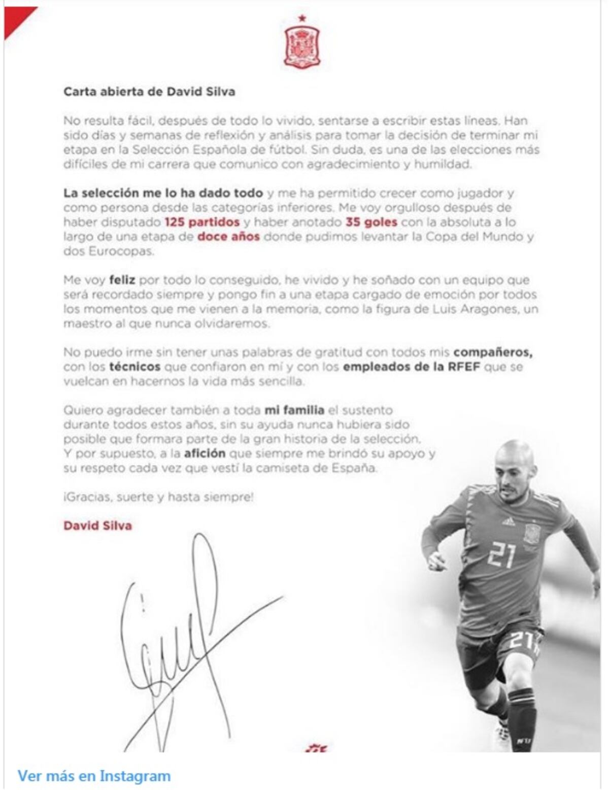 Otro jugador de la selección española se despide de esta a través de una carta