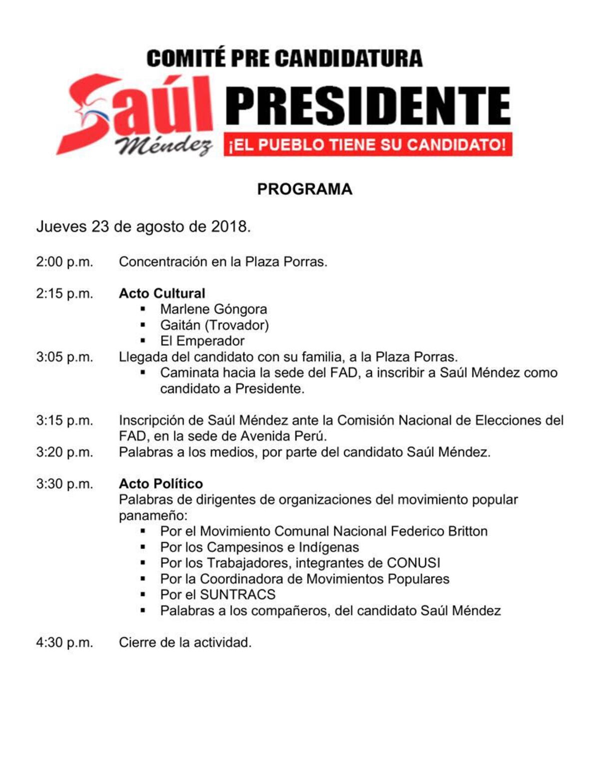 Dirigente del Suntracs Saúl Méndez, se lanza por la precandidatura a presidente