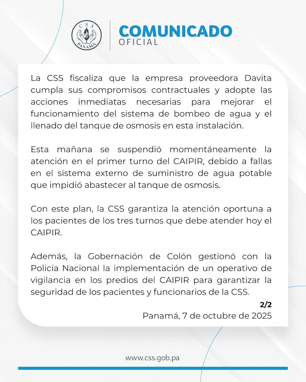 CSS garantiza atención a pacientes de hemodiálisis tras falla en Colón