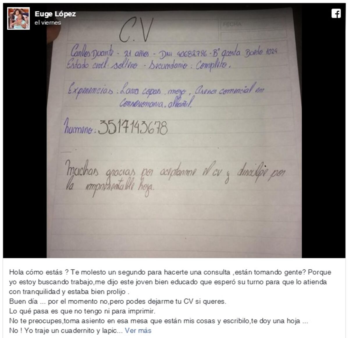 Un joven le llevó a dueña de un local su curriculum a mano y este se hace viral
