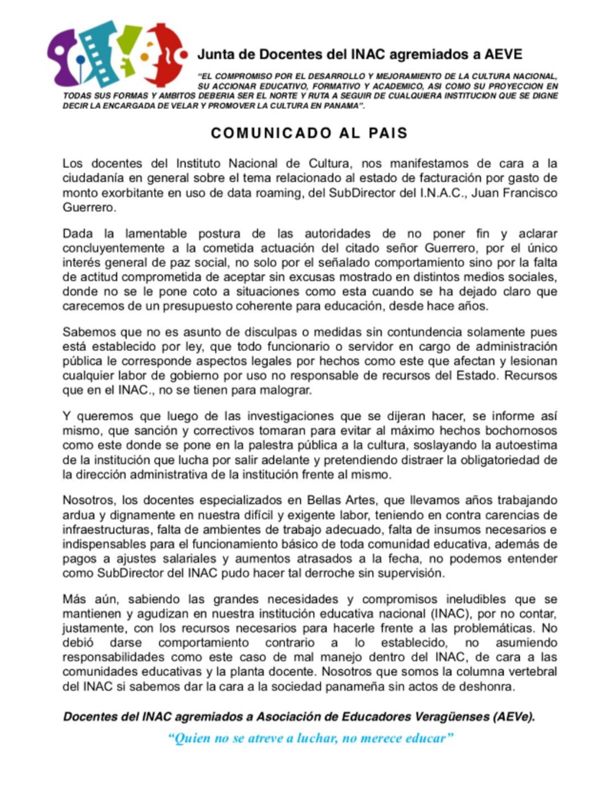 Docentes del INAC piden sanción para subdirector Juan Francisco Guerrero