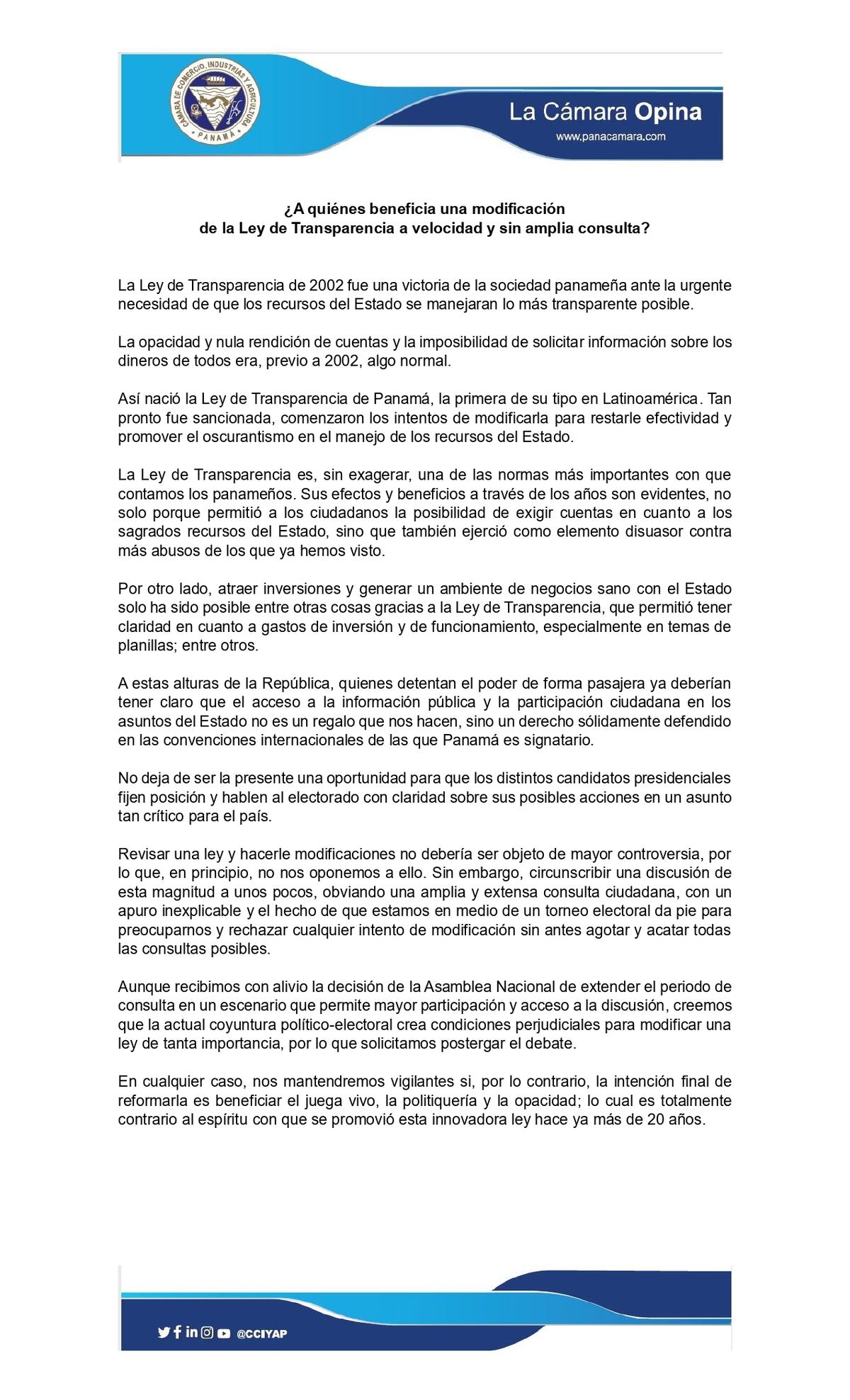 Cciap: coyuntura político-electoral crea ‘condiciones perjudiciales para modificar’ ley de transparencia