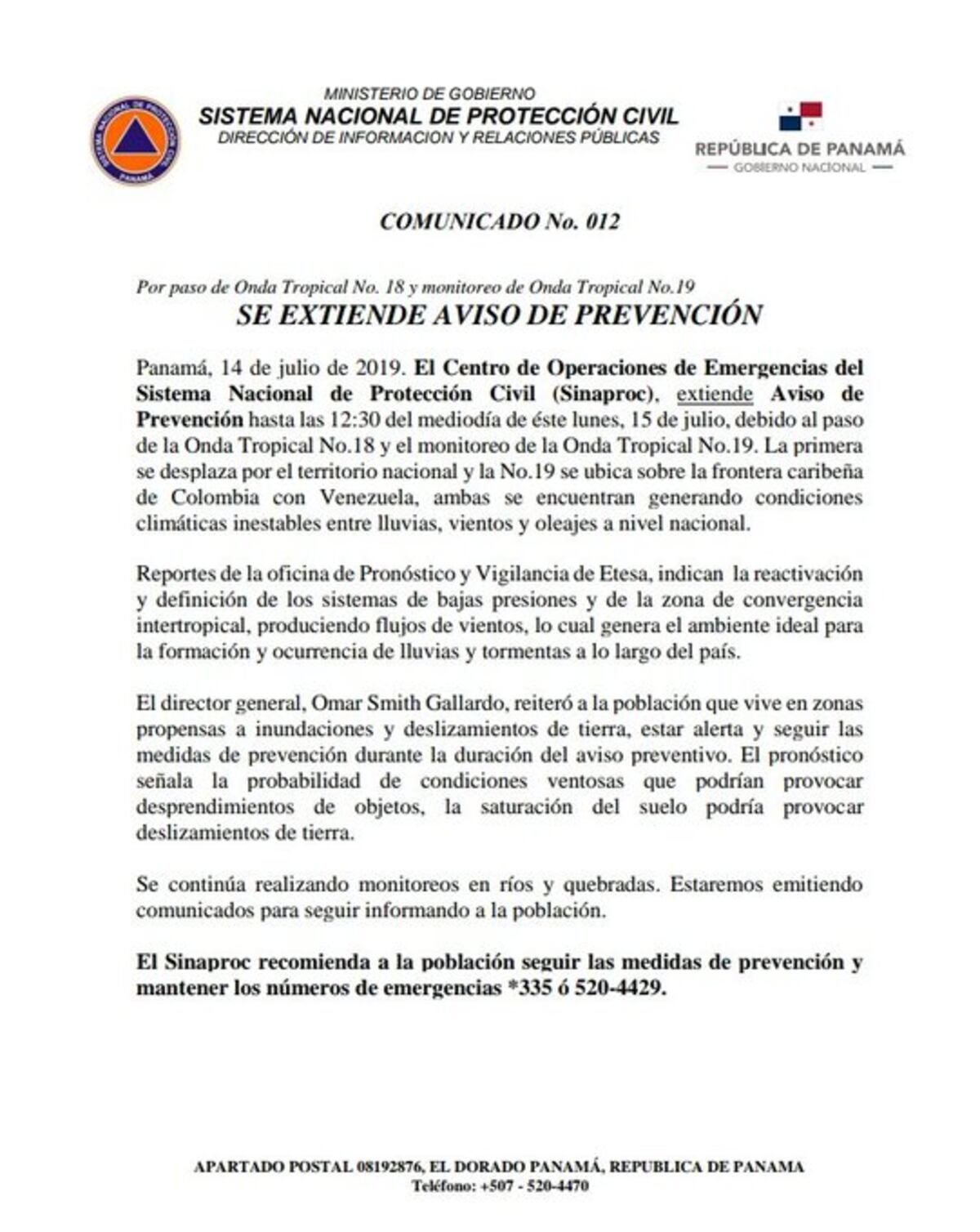 Extienden aviso de prevención por el paso de onda tropical que genera lluvias a nivel nacional