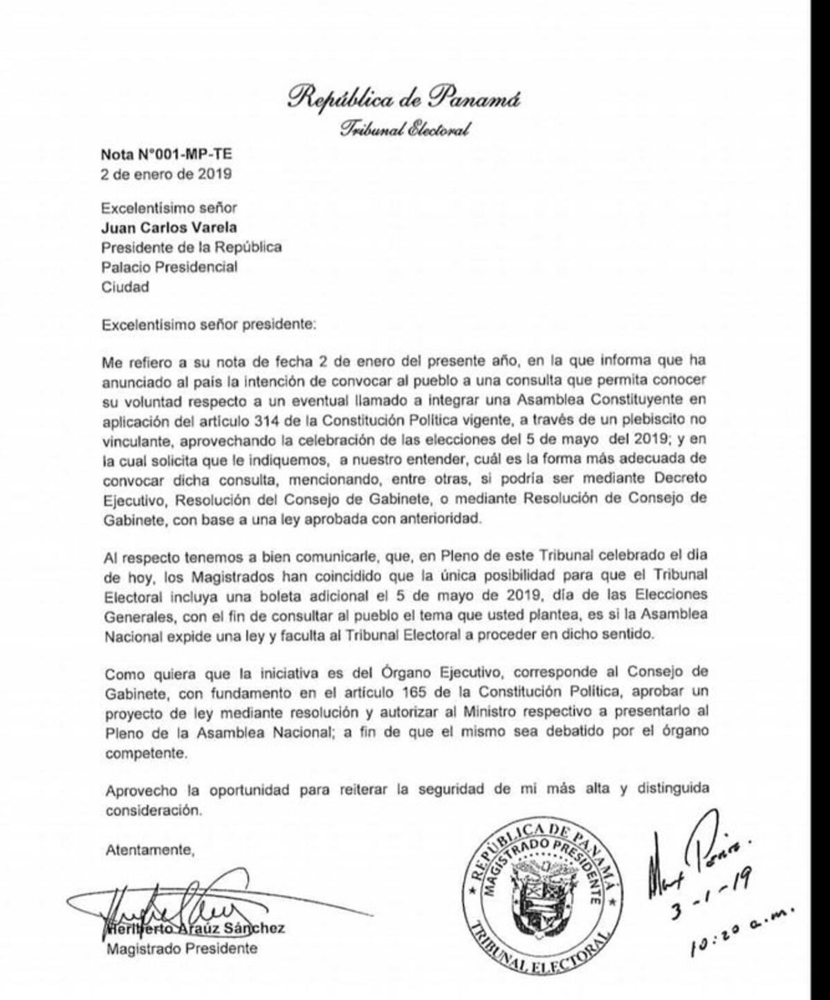 Tribunal Electoral le responde al presidente Varela sobre quinta papeleta