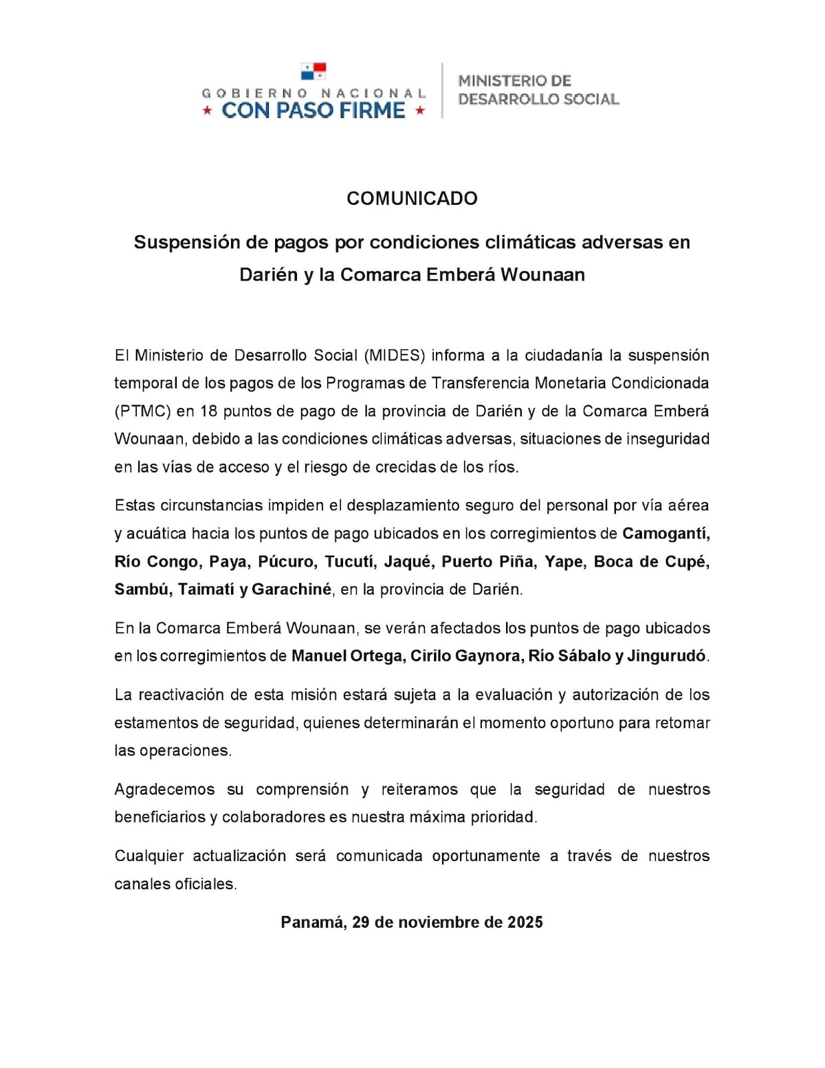 Lluvias provocan suspensión de pagos en Darién y la Comarca Emberá Wounaan