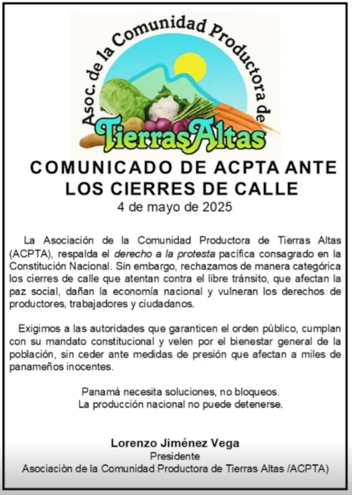 Productores de Tierras Altas rechazan cierre de calles