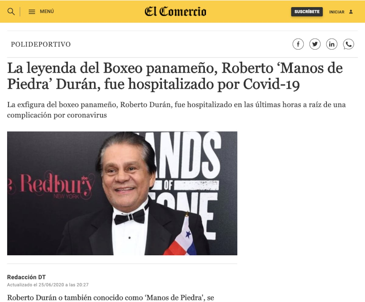 Medios internacionales reportan el contagio de Roberto Durán +Galería