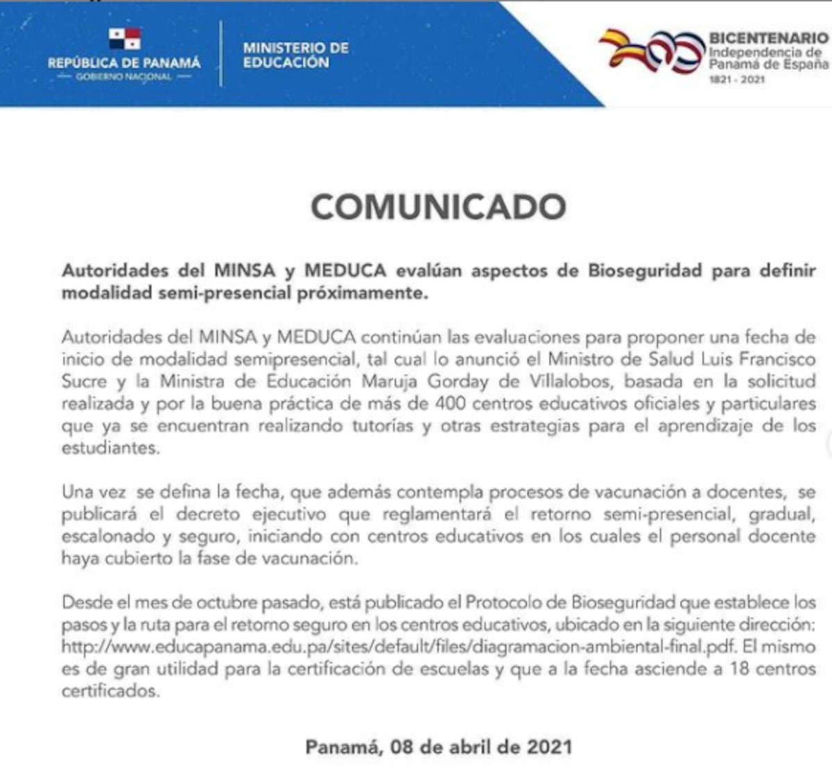 Hay un cambio. Meduca confirma que clases semipresenciales no inician este lunes 12 de abril