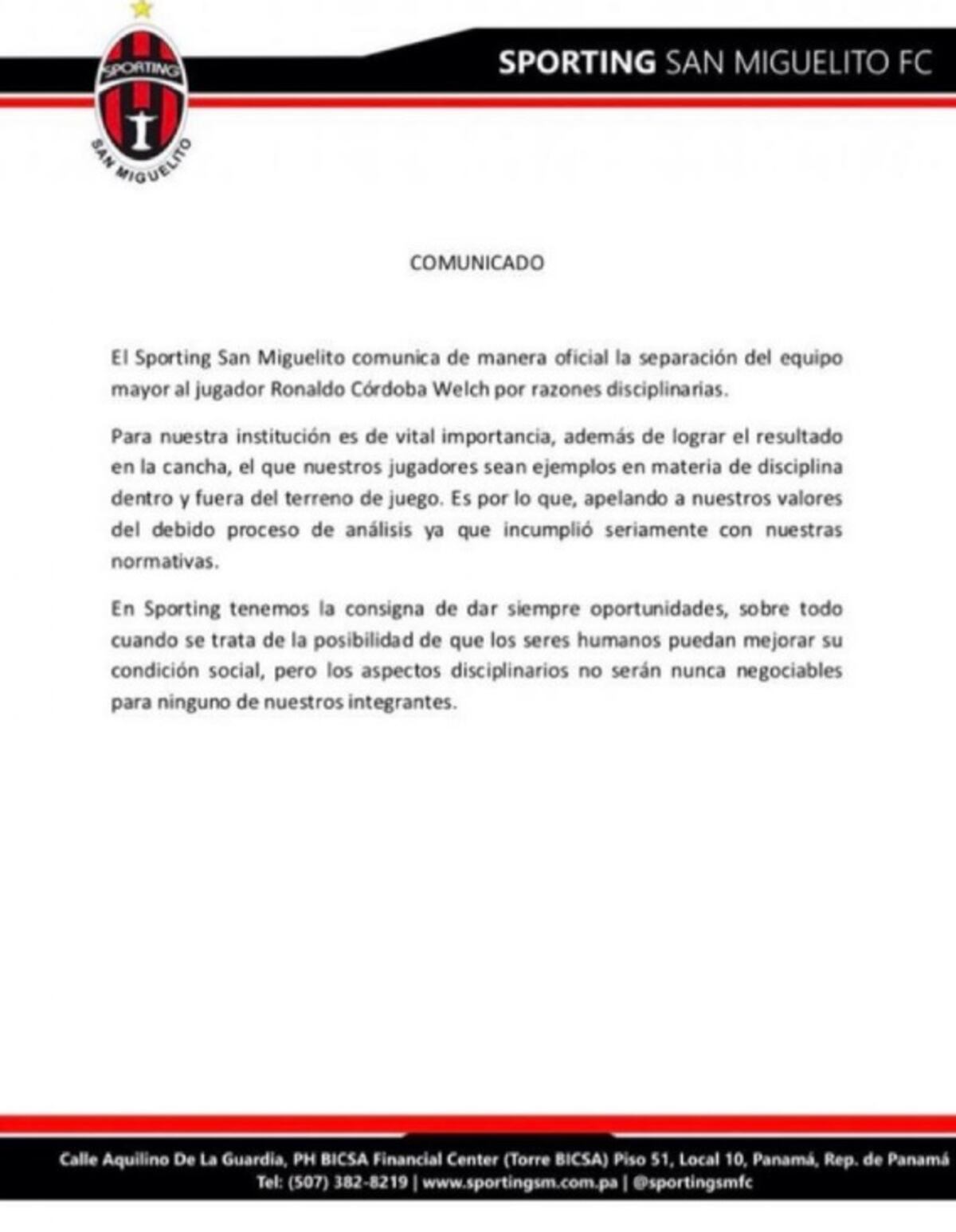 El Sporting San Miguelito se cansó de Ronaldo Córdoba