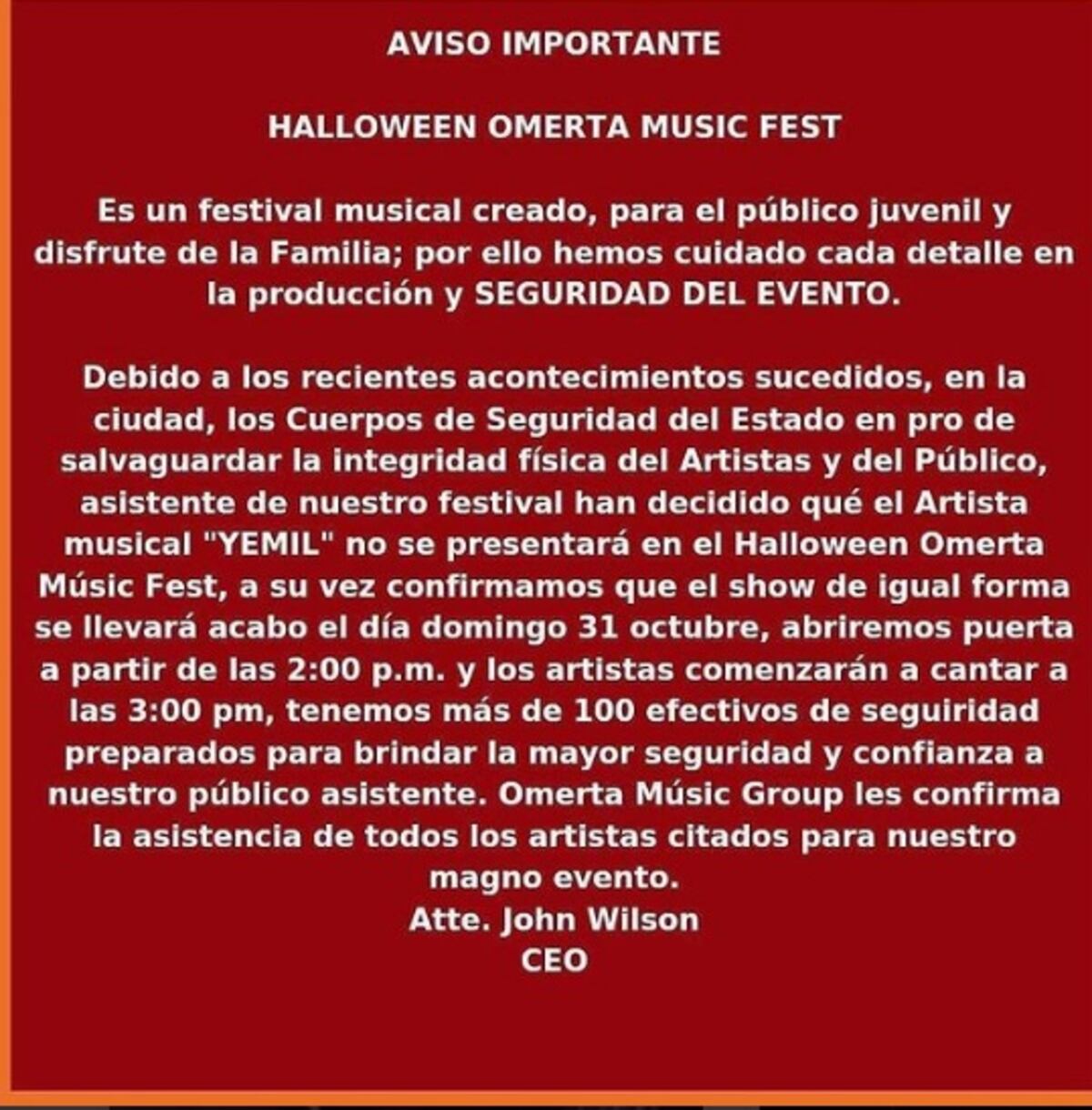 Cancelan eventos de Yemil para halloween y fiestas patrias