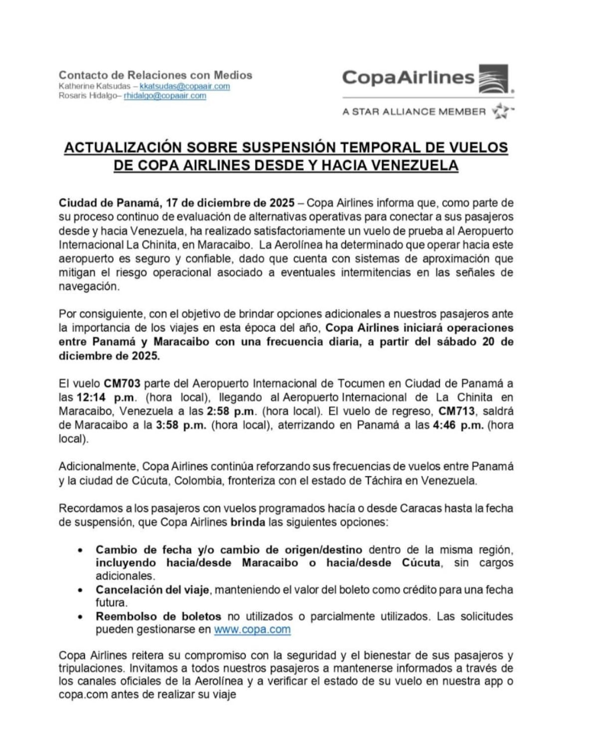 Regresan los vuelos de Copa Airlines a Maracaibo, Venezuela