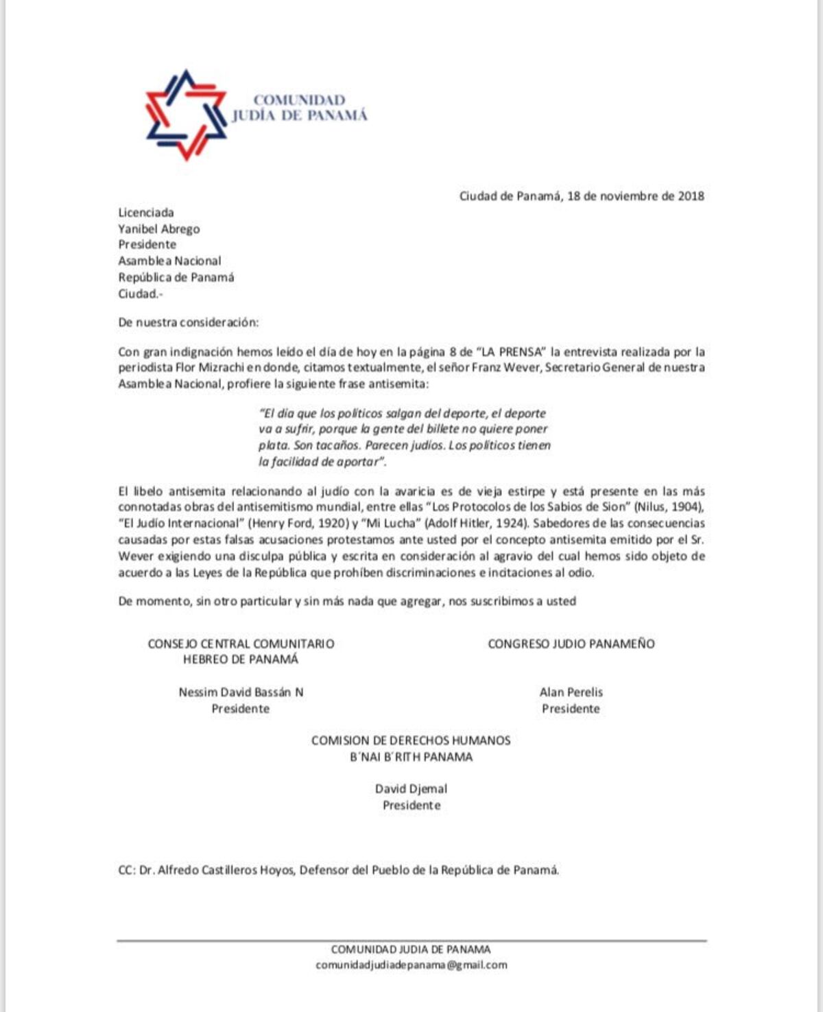 Comunidad judía en Panamá le exige a Franz Wever que se disculpe con ellos