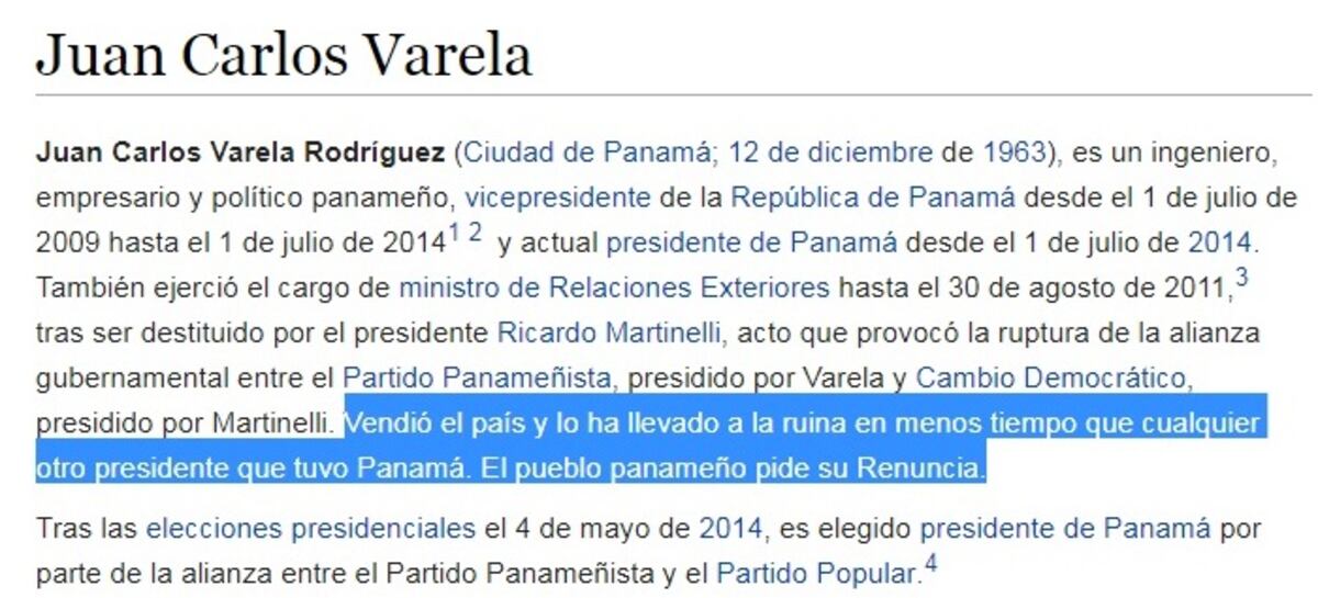 Wikipedia asegura que el presidente Varela vendió el país y le piden renuncia