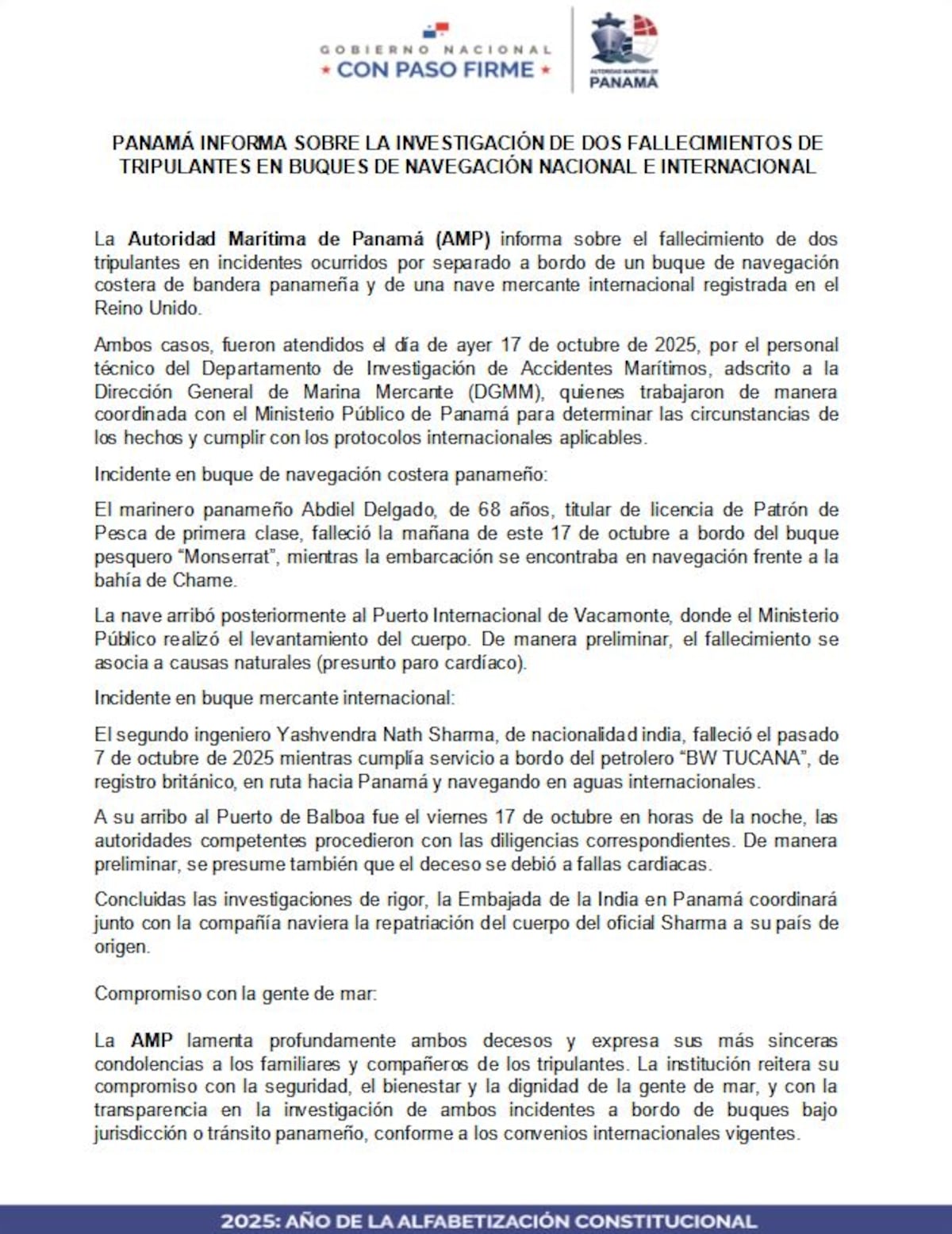 Dos tripulantes mueren en altamar en buques con destino a Panamá