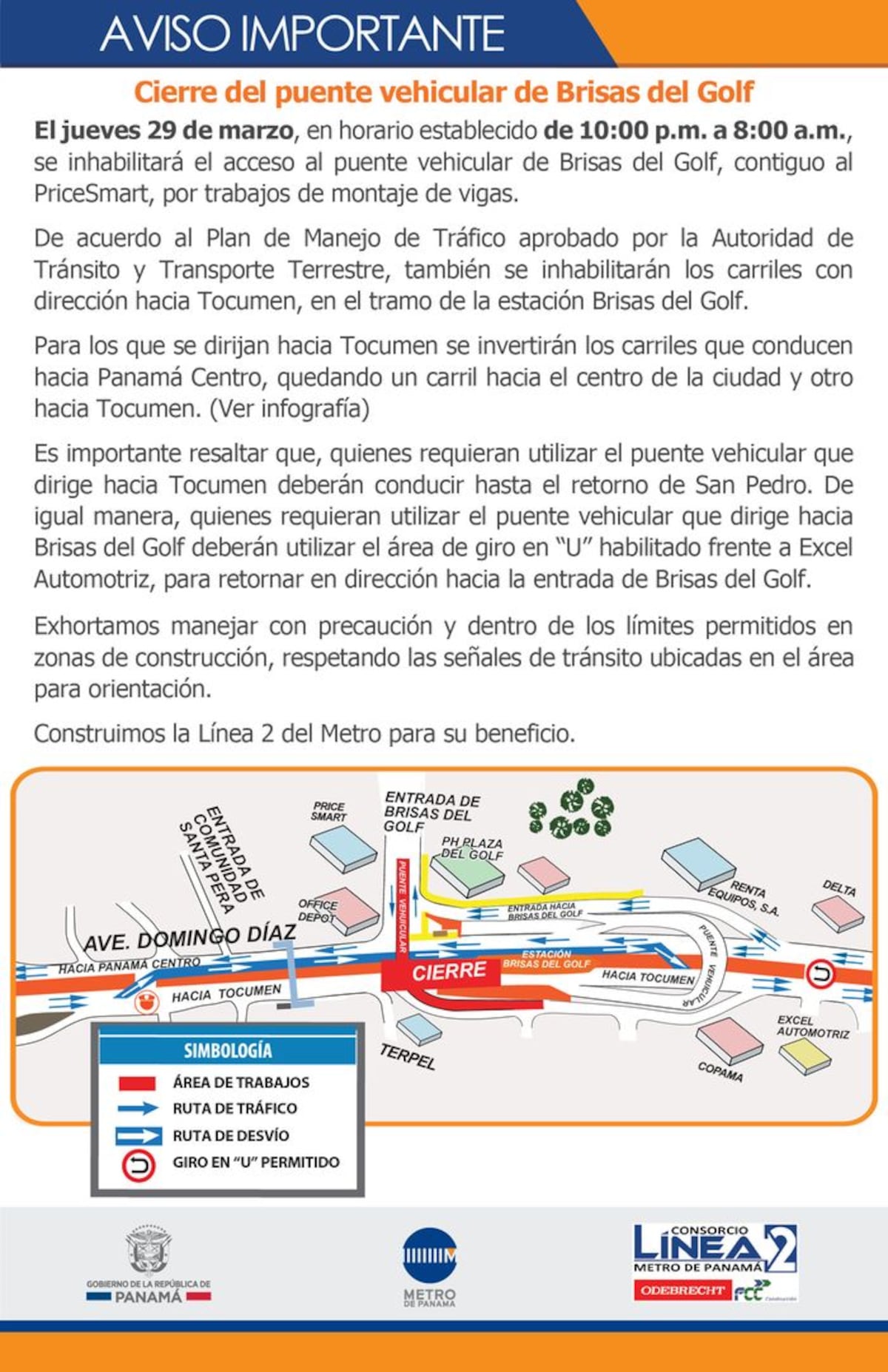 Cierre de vía afectará a Brisas del Golf este jueves 