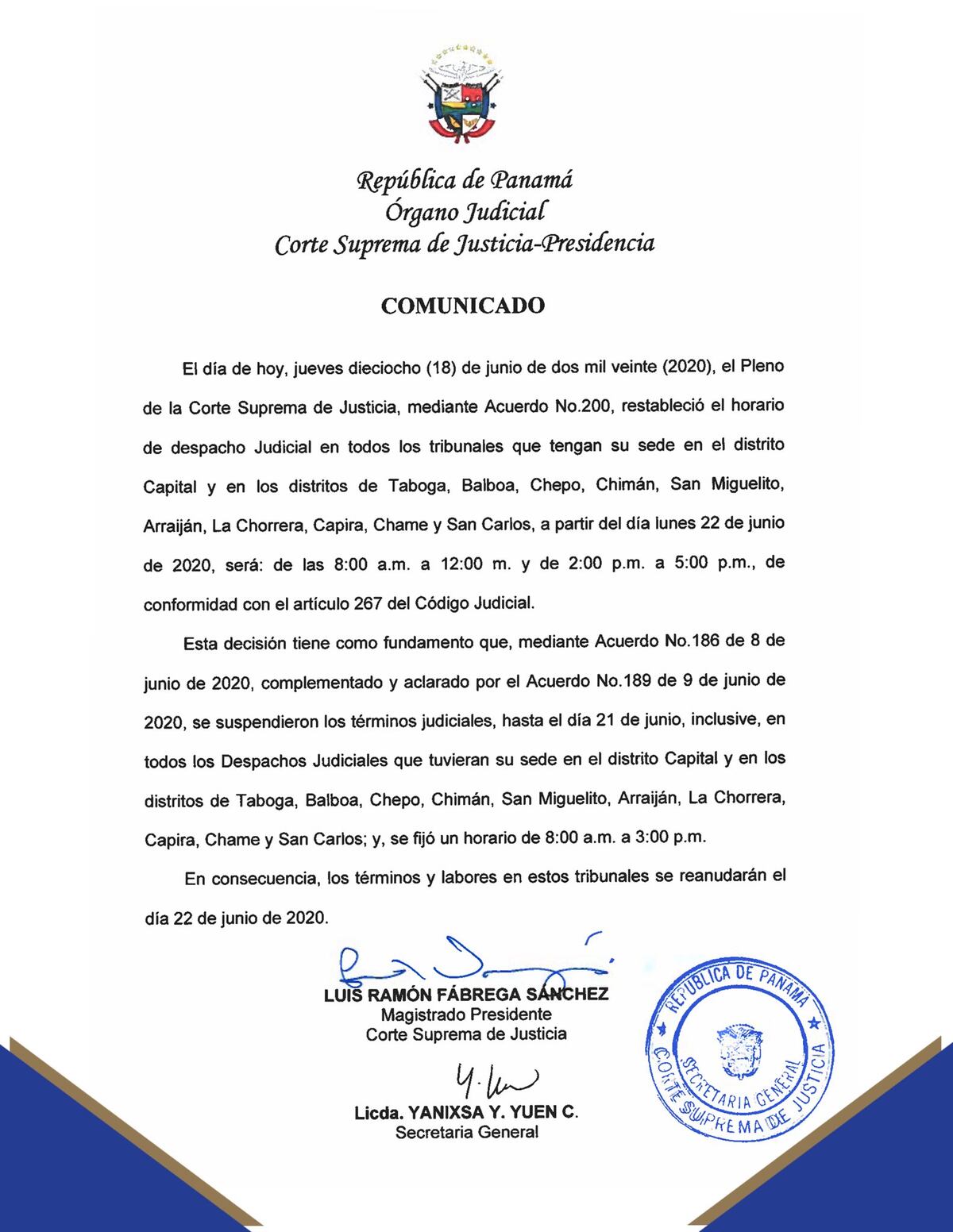 Corte Suprema de Justicia restablece horarios y términos en algunos tribunales