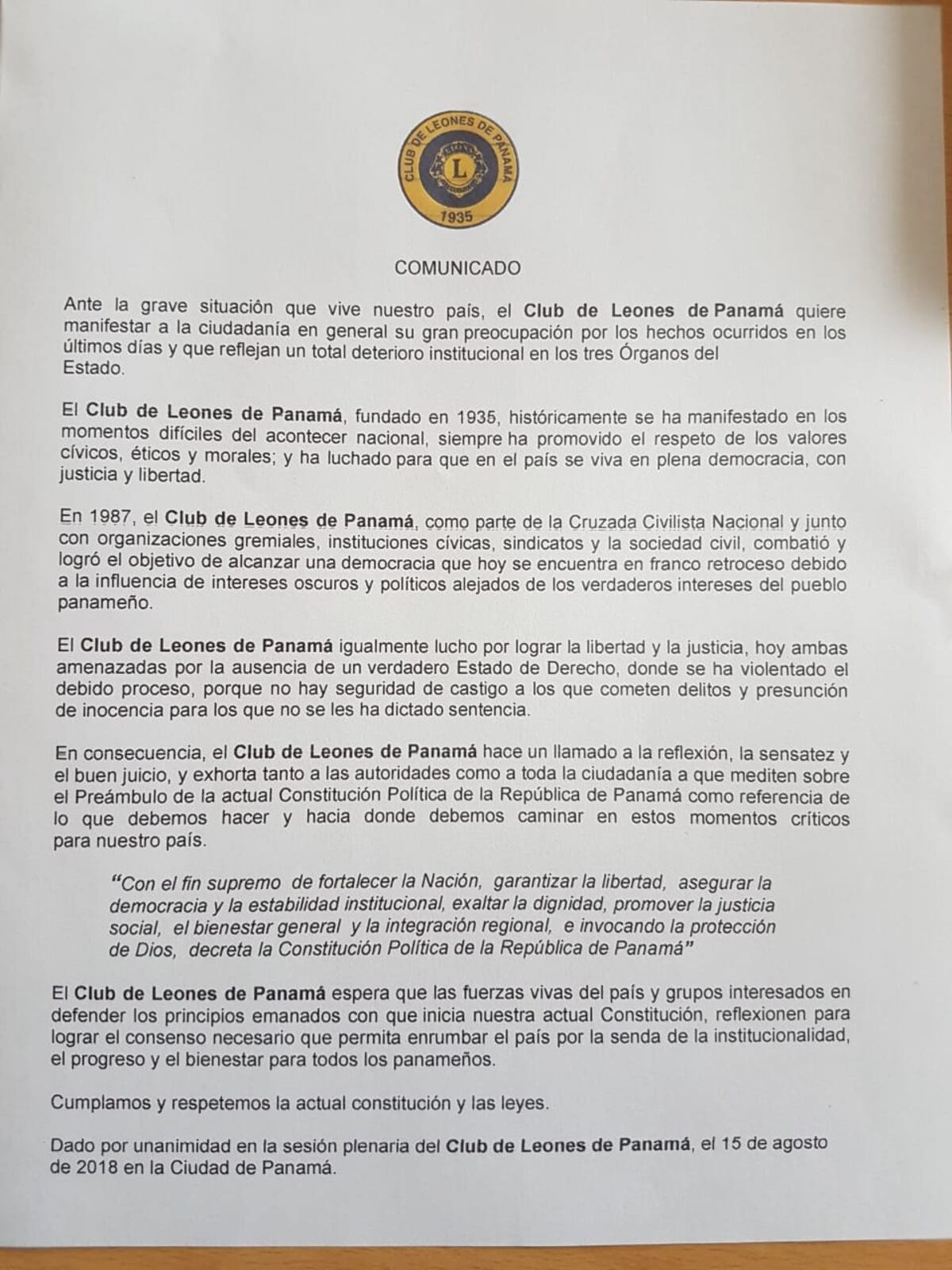 Ante los sucesos que empañan la justicia panameña el Club de Leones hace llamado