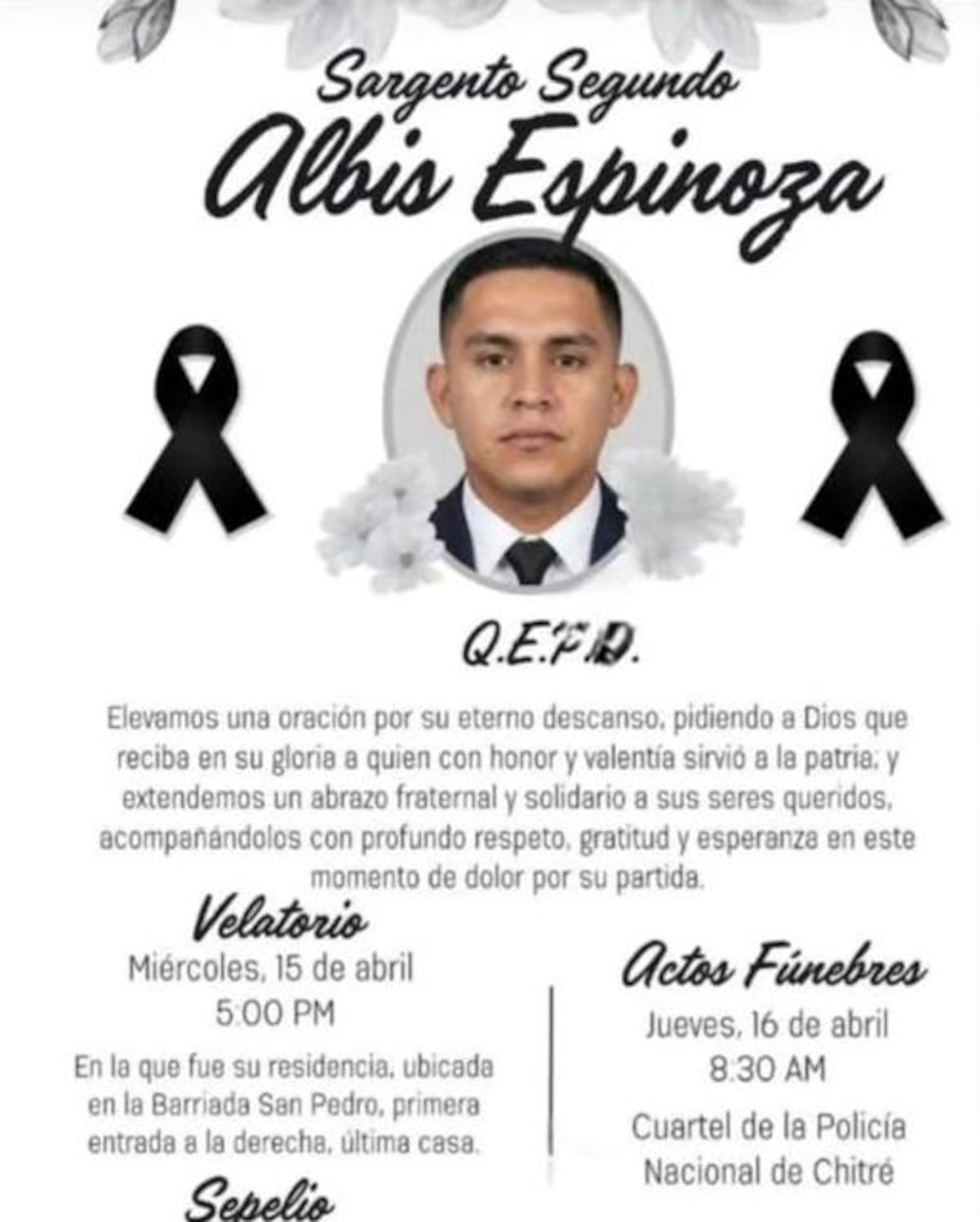 Último adiós al sargento Albis Espinoza: será sepultado en Chitré tras caer en operativo policial