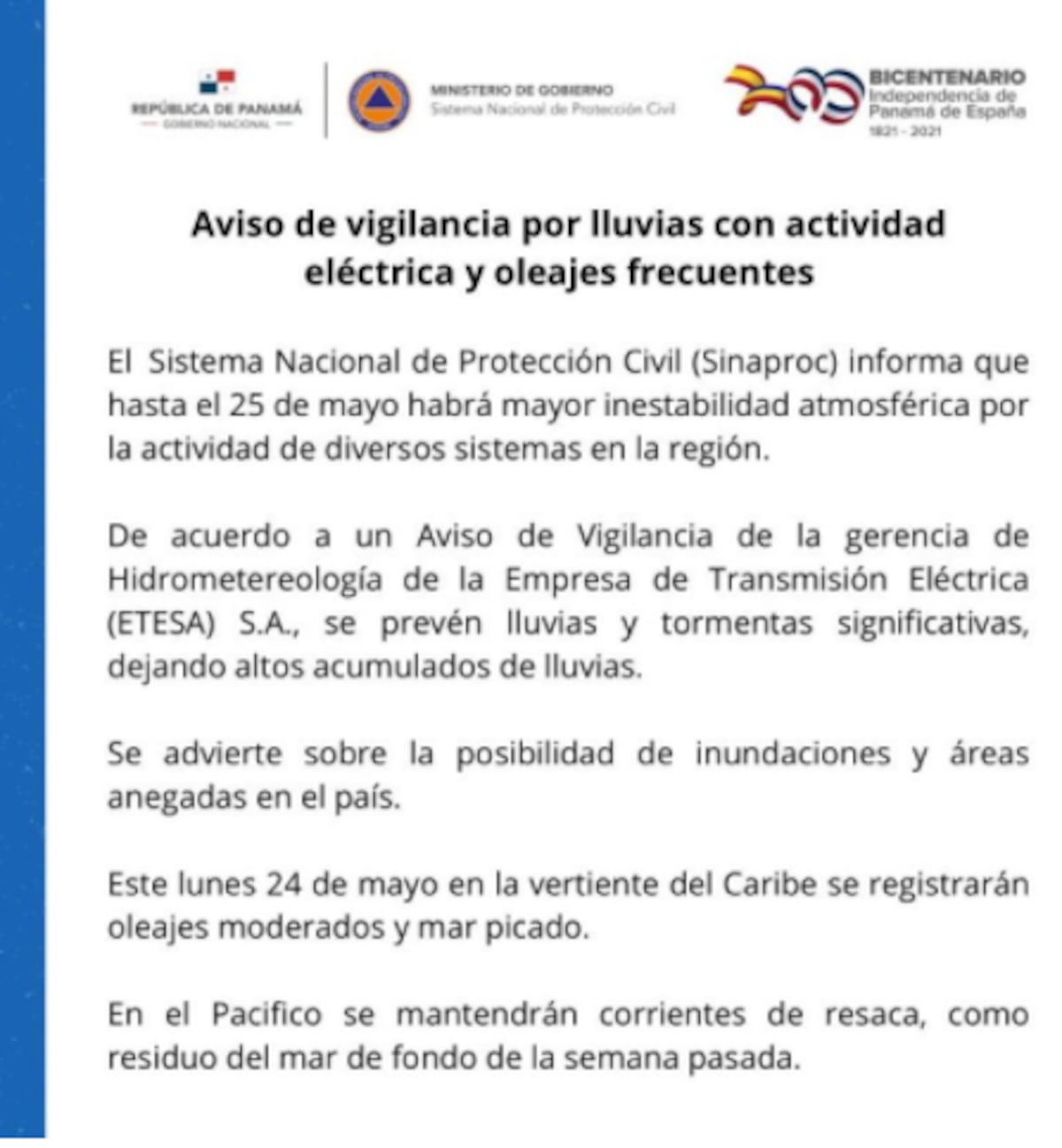 Advertencia de Sinaproc por fuertes lluvias y tormentas en Panamá 