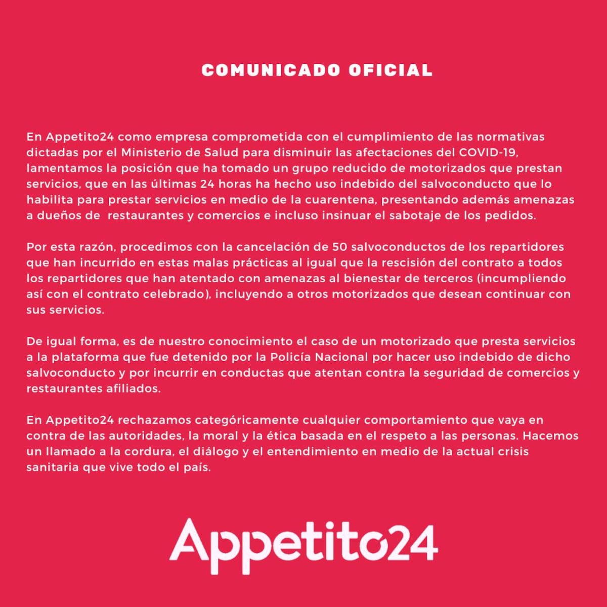 Cancelan 50 salvoconductos de Appetito24 por uso inadecuado. Motorizados protestan alegando conflicto laboral