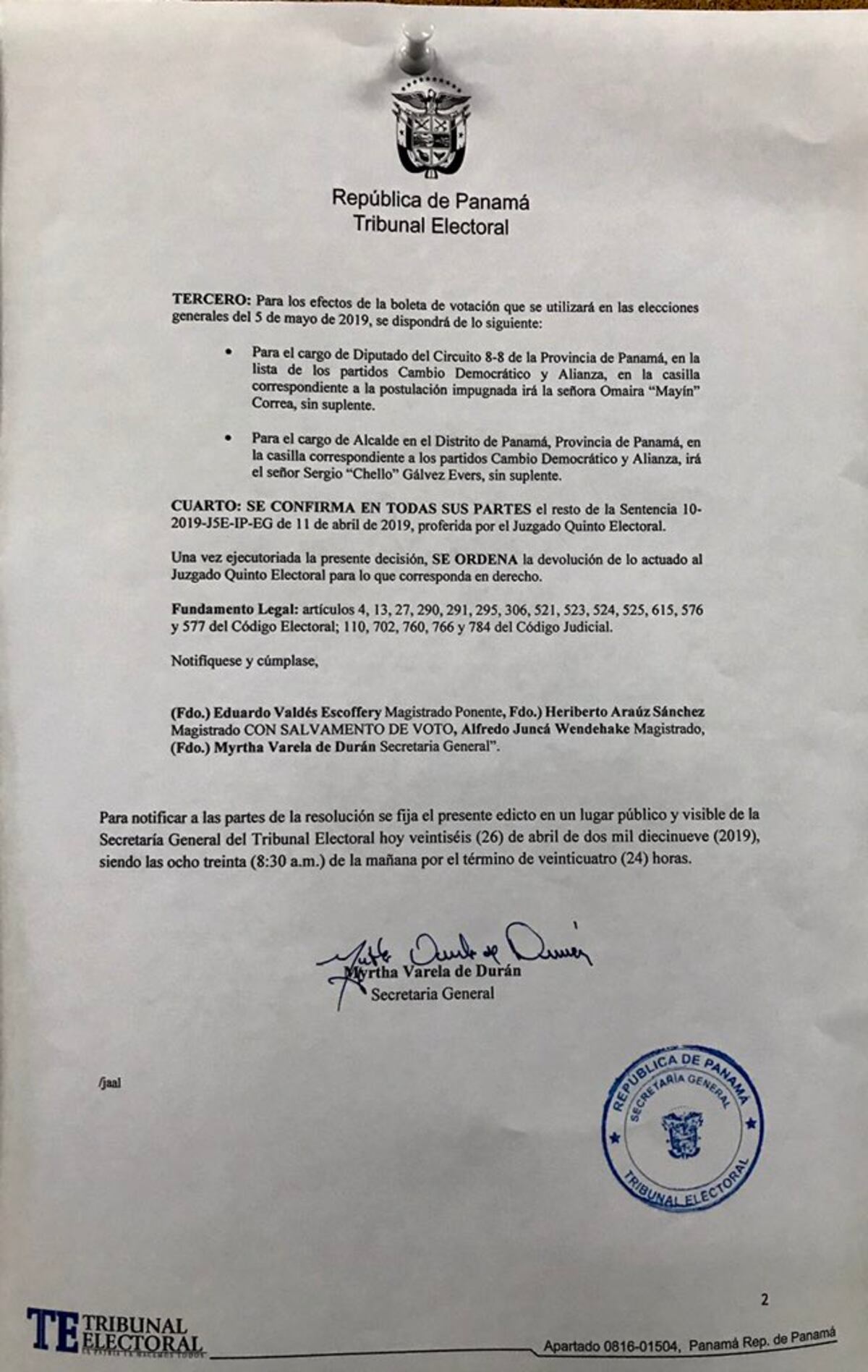 Aprueban impugnaciones y Martinelli no será candidato a alcalde y diputado