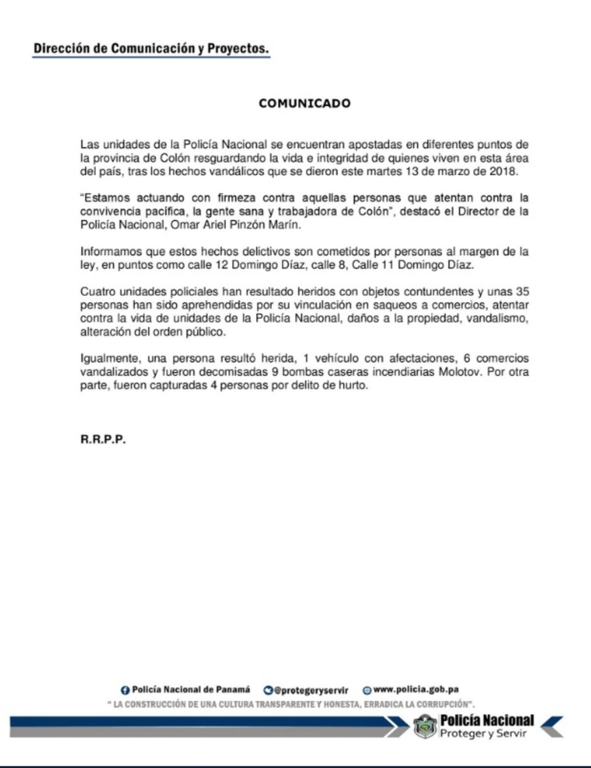 ¡4 Policías heridos y  35 detenidos! Es el saldo de las revueltas en Colón