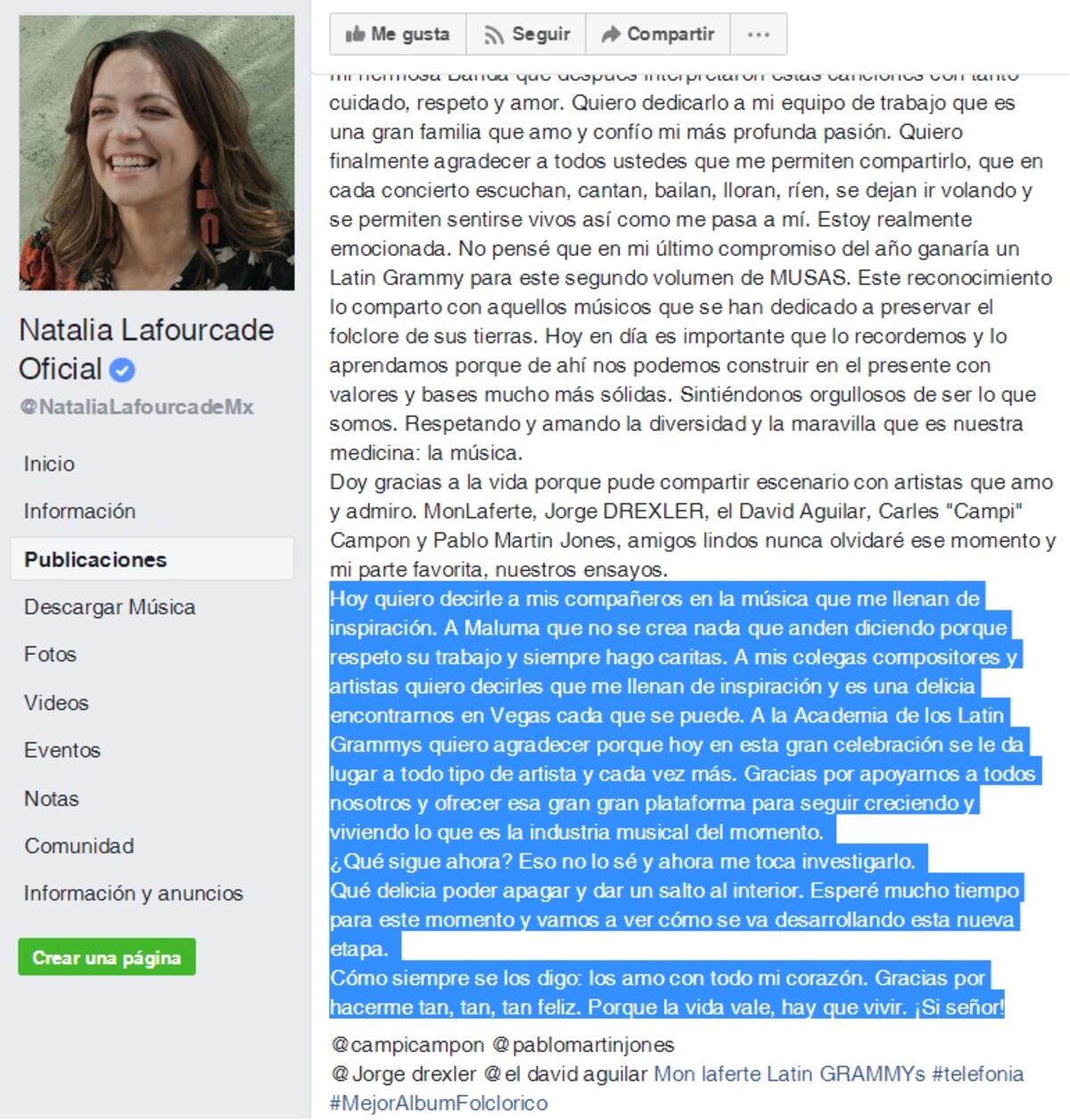 Luego de ganar su Latin Grammy  Natalia Lafourcade le manda mensaje a Maluma