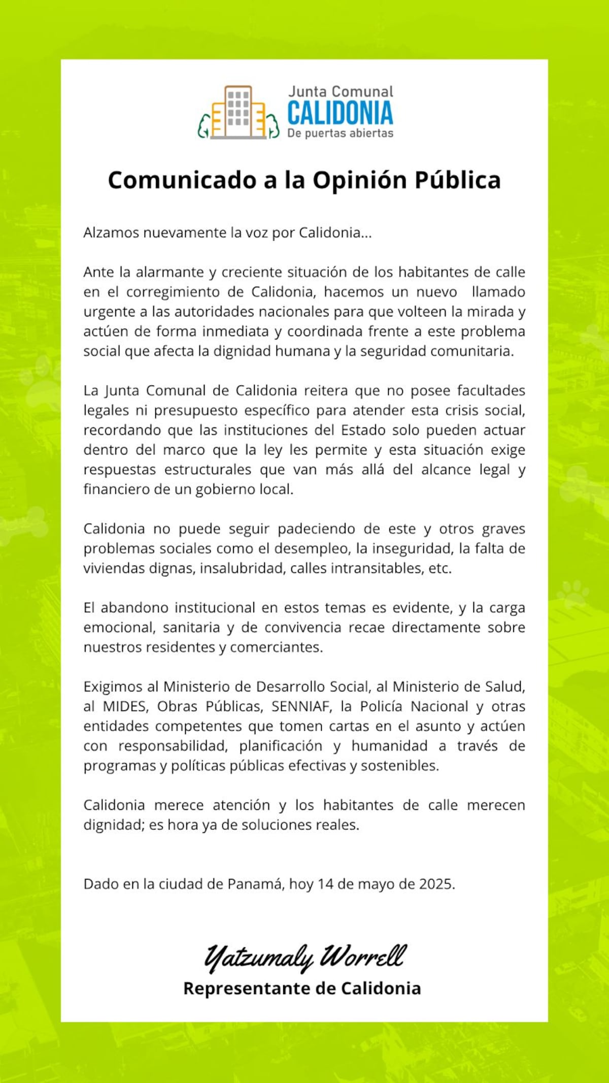 Habitantes de Calidonia piden acciones urgentes por crisis de los habitantes de calle