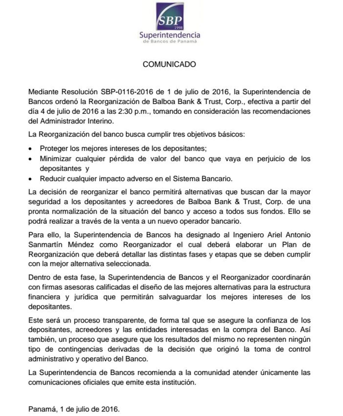 Ordenan reorganización del Balboa Bank & Trust