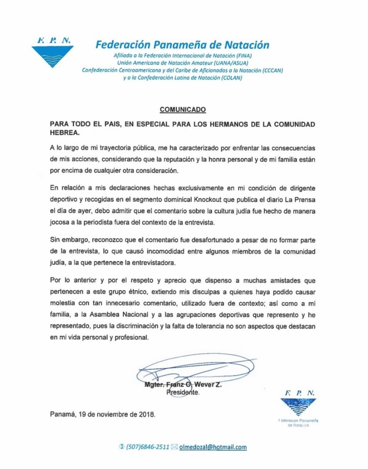 Franz Wever pide disculpa y se lamenta por expresión contra judíos