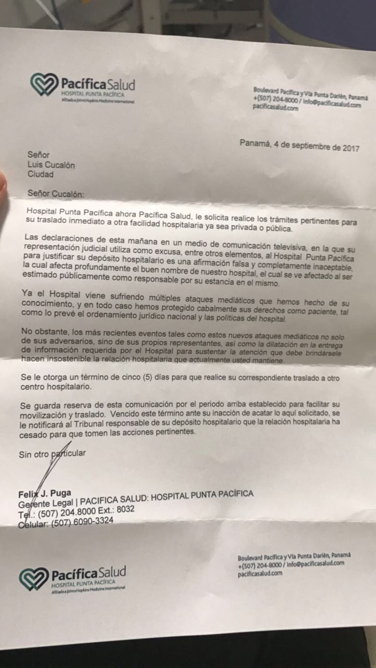 PA' FUERA. Cucalón tiene cinco días para abandonar el Hospital Punta Pacífica 