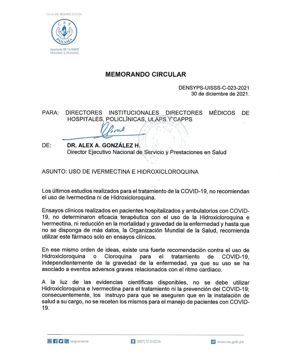 CSS no recomienda uso de Hidroxicloroquina e Ivermectina para tratar la covid-19