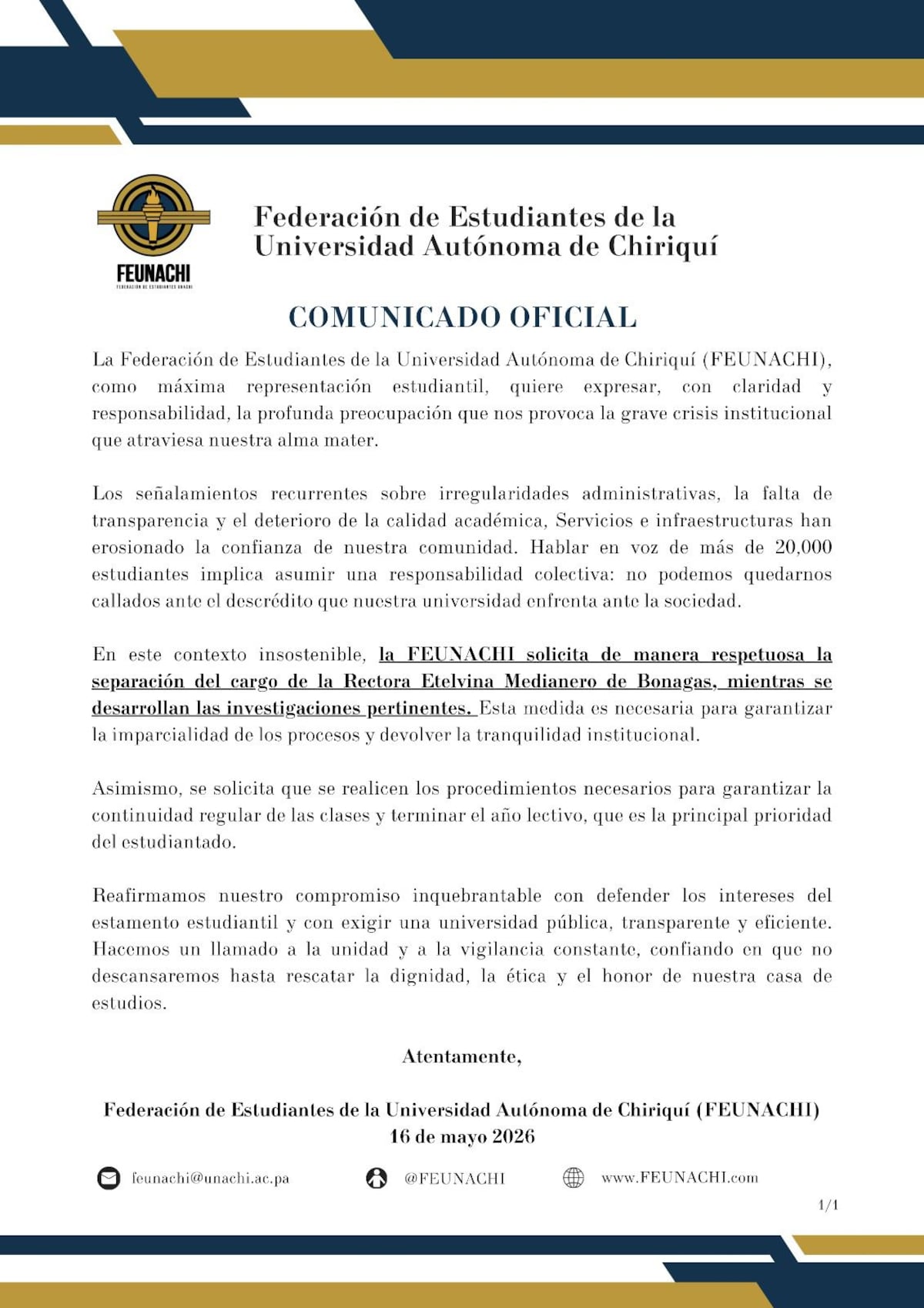 Estudiantes de la Unachi piden separar del cargo a Etelvina Medianero
