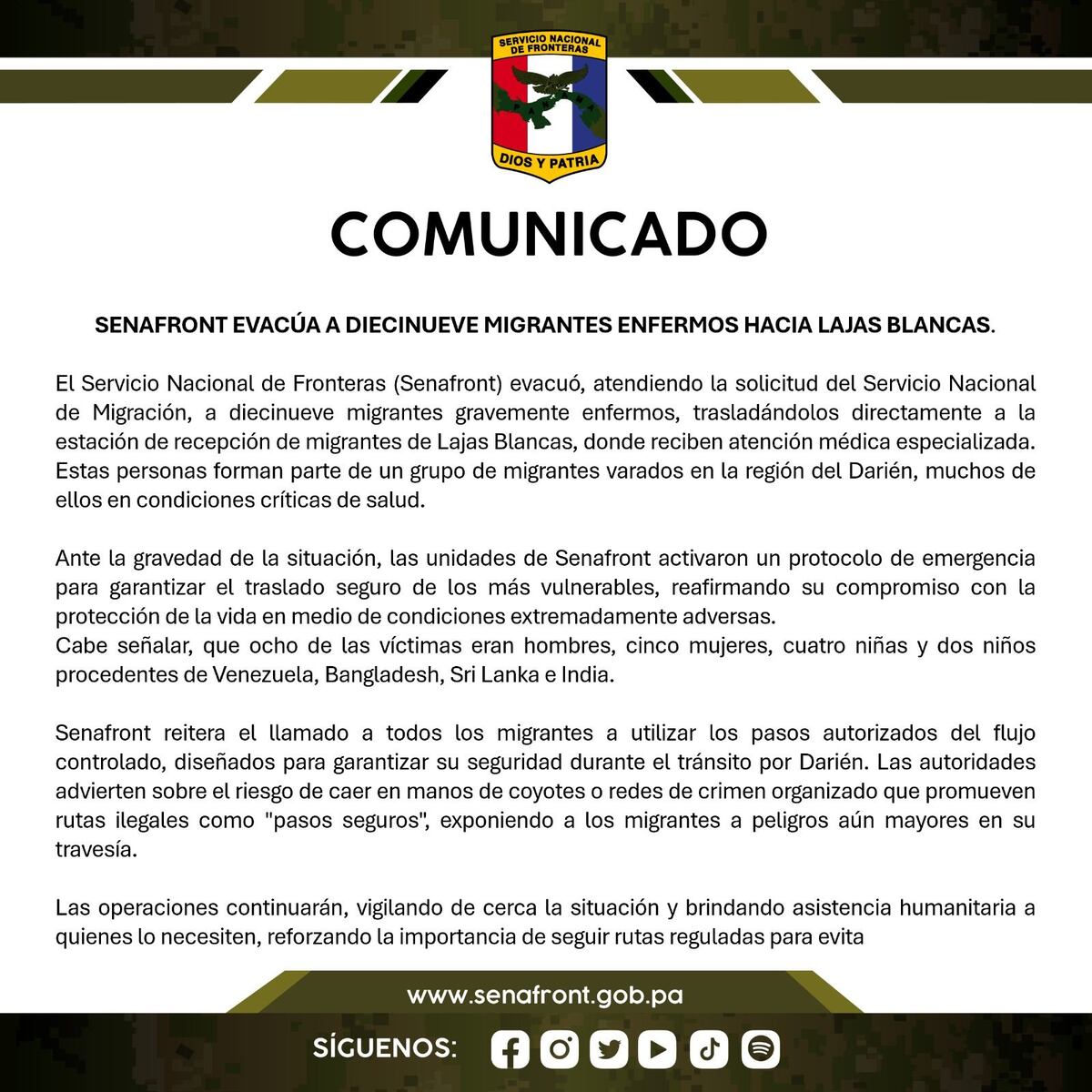 19 migrantes varados en Darién reciben atención médica urgente tras ser rescatados por el Senafront
