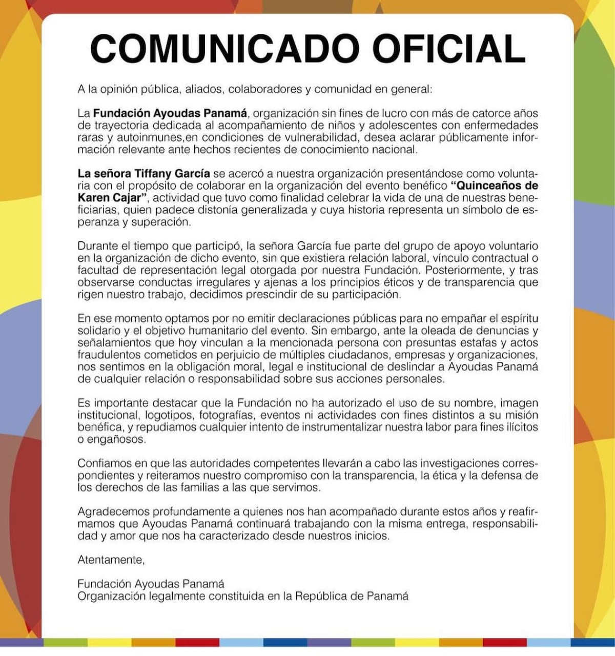 Fundación Ayoudas Panamá aclara su relación con Tiffany García tras polémica