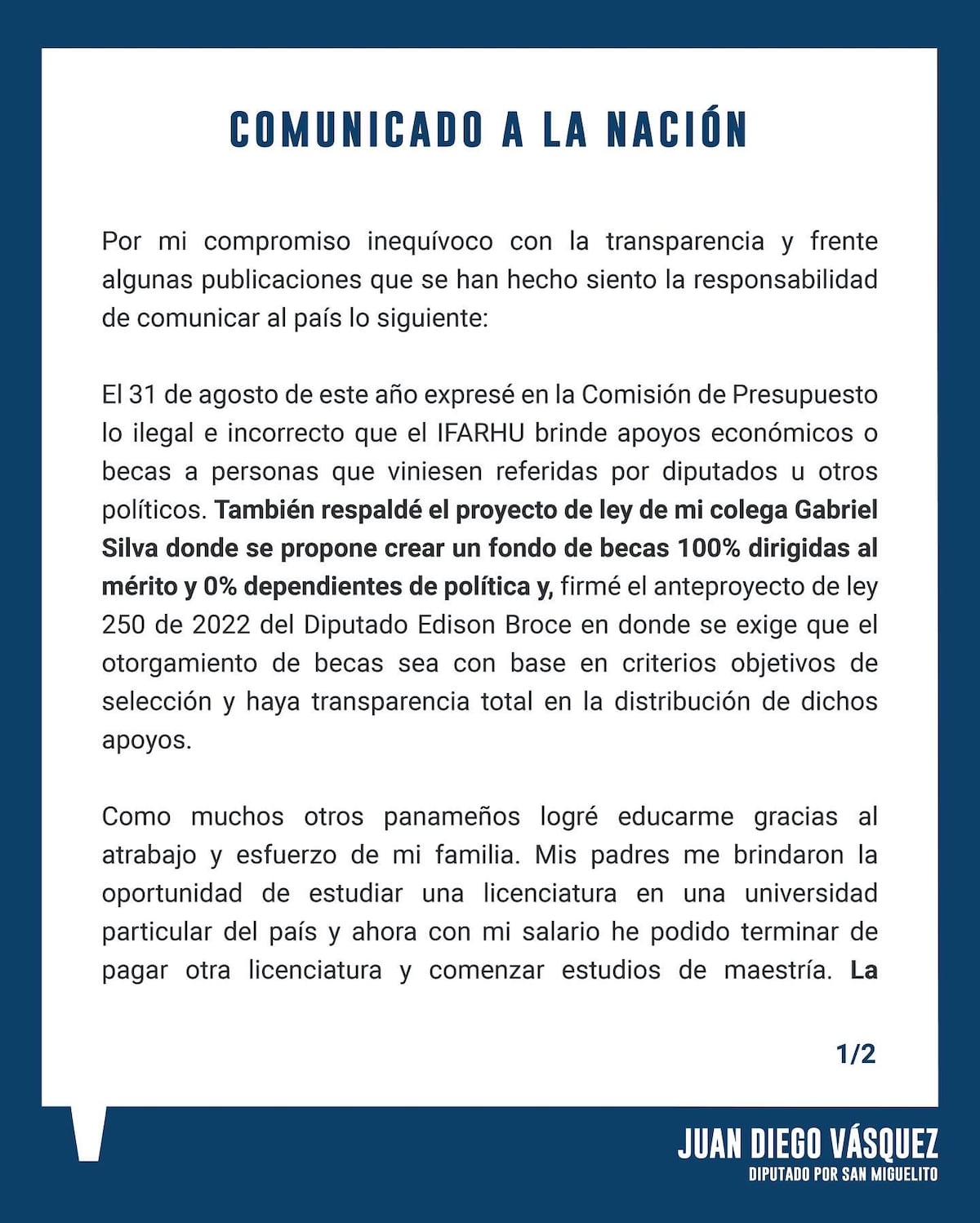 Exnovia del diputado Juan Diego Vásquez recibió auxilio económico para irse a estudiar a EE.UU.