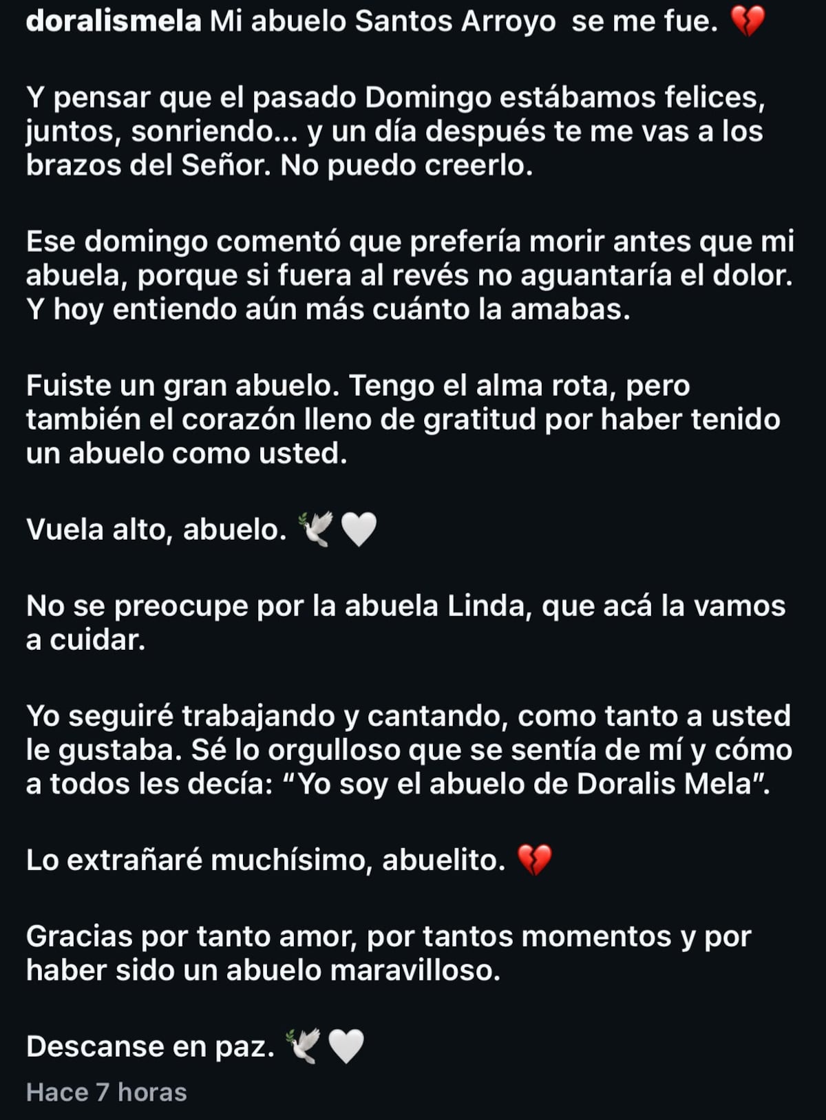Doralis Mela está de luto: despide a su abuelo Santos Arroyo tras compartir juntos el domingo