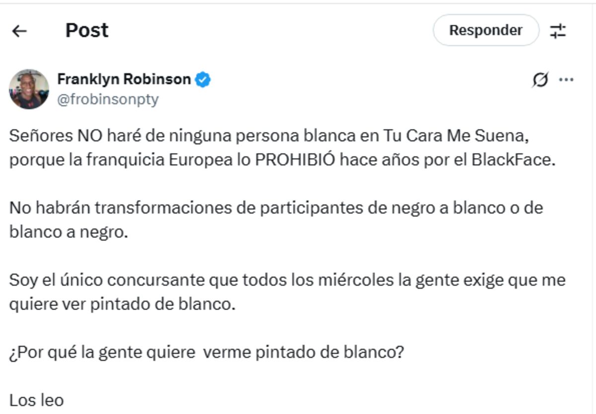 ‘No haré de ningún blanco’: Franklyn Robinson aclara polémica de Tu Cara Me Suena